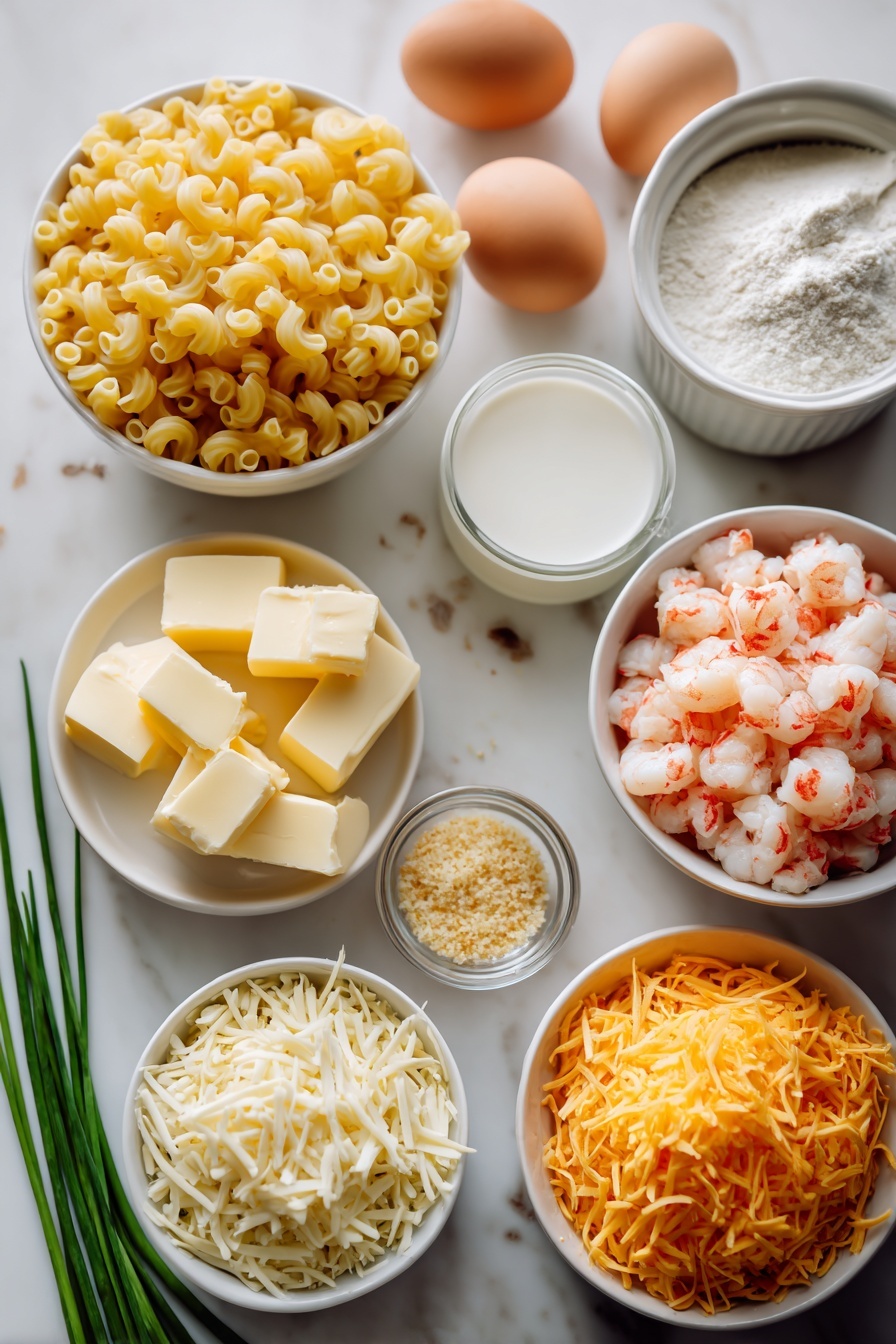 Lobster Mac and Cheese Bake, gourmet seafood pasta, creamy lobster cheese casserole, luxurious mac and cheese with lobster, easy lobster pasta bake - Flat lay of a small mound of uncooked corkscrew pasta (cavatappi) with its ridged spirals, a few whole uncracked brown eggs with smooth shells, a small white ceramic bowl of golden-yellow butter cubes, a larger white bowl filled with white flour, a small white bowl containing clear water, a medium white bowl holding creamy whole milk, a pile of bright orange shredded cheddar cheese, a smaller pile of soft white shredded mozzarella cheese, a neatly arranged pile of pinkish cooked lobster meat chunks, a small white bowl of light golden panko breadcrumbs, a sprinkling of fresh, thinly sliced green chives on the side, and a few scattered dried spices including reddish smoked paprika powder and light beige garlic and onion powders, all placed on a clean white marble surface, soft natural light, photo taken with an iPhone, professional food photography style, fresh ingredients, white ceramic bowls, no bottles, no duplicates, no utensils, no packaging --ar 2:3 --v 7 --p m7354615311229779997