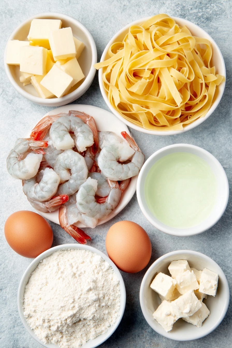 Shrimp Alfredo Pasta, creamy shrimp pasta, easy shrimp Alfredo, quick pasta recipes, shrimp pasta dinner - Flat lay of peeled raw shrimp with tails, a small bundle of uncooked fettuccine pasta, a few tablespoons of butter in a white ceramic bowl, several small cubes of softened cream cheese on a white plate, a small white bowl of heavy cream, a small white bowl of chicken broth, two whole garlic cloves, a small white bowl filled with freshly grated parmesan cheese, and two whole brown eggs arranged symmetrically, placed on a clean white marble surface, soft natural light, photo taken with an iPhone, professional food photography style, fresh ingredients, white ceramic bowls, no bottles, no duplicates, no utensils, no packaging --ar 2:3 --v 7 --p m7354615311229779997