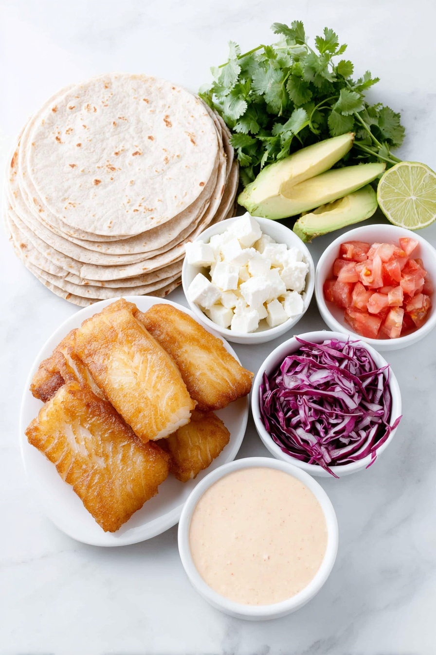 Vegan Fish Tacos with Fresh Toppings, vegan fish tacos, plant-based fish tacos, vegan taco recipes, healthy vegan tacos - Flat lay of a small stack of soft corn tortillas, a few pieces of golden beer battered vegan fried fish with a crispy texture, shredded vibrant purple cabbage, two bright red roma tomatoes finely diced, finely diced white onion, a small bunch of fresh green cilantro with chopped leaves, sliced creamy green avocado, crumbled white vegan feta cheese, lime wedges with juicy green rind, and a small white ceramic bowl of creamy vegan mayo sauce mixed with bright red Sriracha and a hint of lime juice and garlic powder — all ingredients fresh and natural, arranged in perfect symmetry on simple white ceramic bowls and plates, placed on a clean white marble surface, soft natural light, photo taken with an iPhone, professional food photography style, fresh ingredients, white ceramic bowls, no bottles, no duplicates, no utensils, no packaging --ar 2:3 --v 7 --p m7354615311229779997
