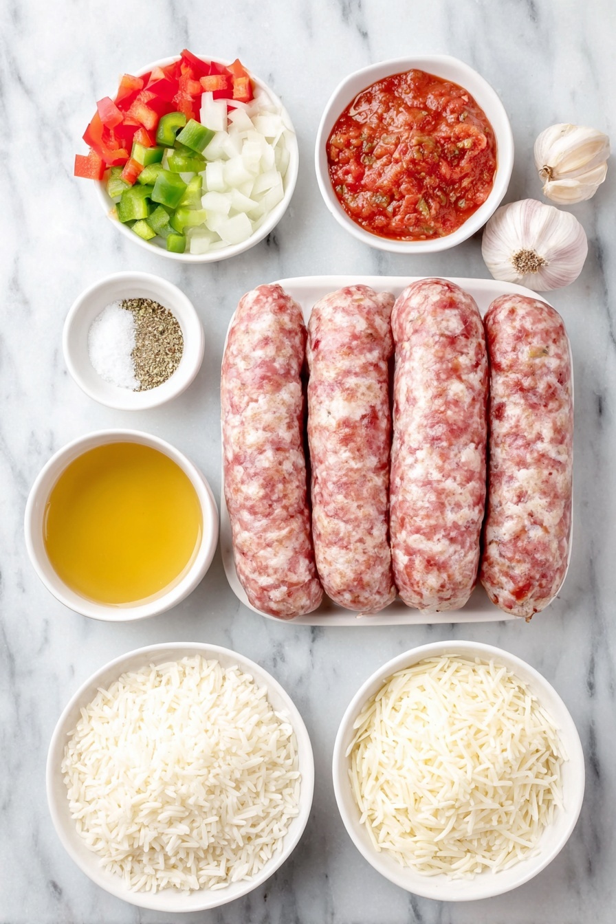 Stuffed Pepper Casserole with Sausage and Rice, stuffed pepper casserole, sausage and rice casserole, easy stuffed pepper casserole, hearty stuffed pepper dinner - Flat lay of a mound of fresh mild Italian sausage links, a handful of chopped red and green bell peppers, half a medium yellow onion sliced, two whole garlic cloves, a small white bowl of coarse salt, a small white bowl of dried oregano, a small white bowl of ground black pepper, a small white bowl of ground cumin, a small white bowl filled with golden chicken broth, a small white bowl of bright red tomato salsa, a small white bowl with uncooked long-grain white rice grains, and a small pile of shredded fresh mozzarella cheese, all arranged in perfect symmetry on simple white ceramic bowls and plates, placed on a clean white marble surface, soft natural light, photo taken with an iPhone, professional food photography style, fresh ingredients, white ceramic bowls, no bottles, no duplicates, no utensils, no packaging --ar 2:3 --v 7 --p m7354615311229779997