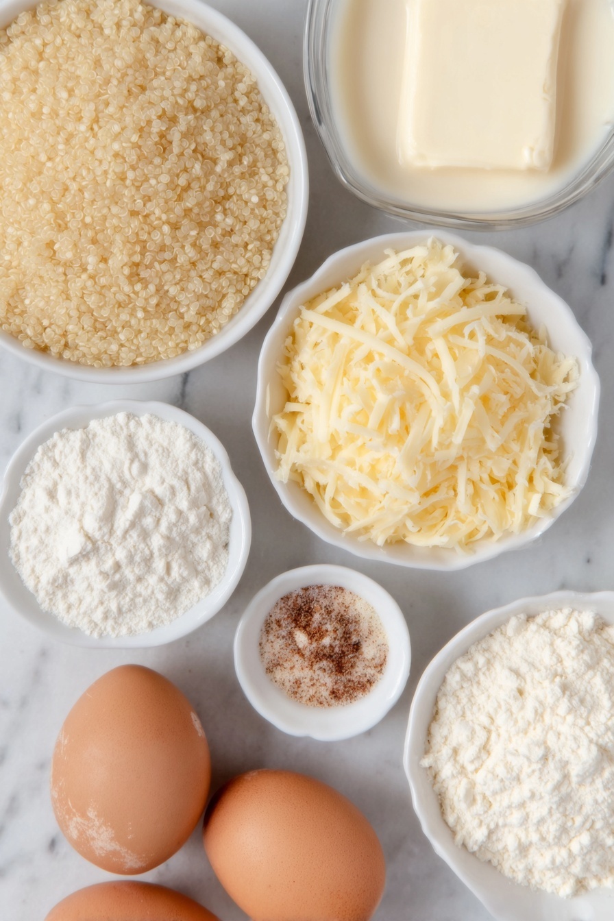 Cheesy Quinoa, cheesy quinoa recipe, creamy quinoa dish, quick quinoa dinner, vegetarian cheese quinoa - Flat lay of a small pile of fluffy uncooked quinoa grains, a glassy heap of sharp shredded cheddar cheese in bright orange-yellow hues, a pat of creamy unsalted butter, a small mound of fine white cornstarch powder, a half-full small white ceramic bowl of thick creamy half & half, a small white ceramic bowl holding smooth plain full-fat Greek yogurt, a few whole uncracked brown eggs with clean shells, a tiny white ceramic bowl containing fine sea salt crystals, and small white ceramic bowls each with fine powder of garlic, onion, and dried mustard spices — all ingredients arranged symmetrically in balanced proportions on a simple white marble surface, soft natural light, photo taken with an iPhone, professional food photography style, fresh ingredients, white ceramic bowls, no bottles, no duplicates, no utensils, no packaging --ar 2:3 --v 7 --p m7354615311229779997