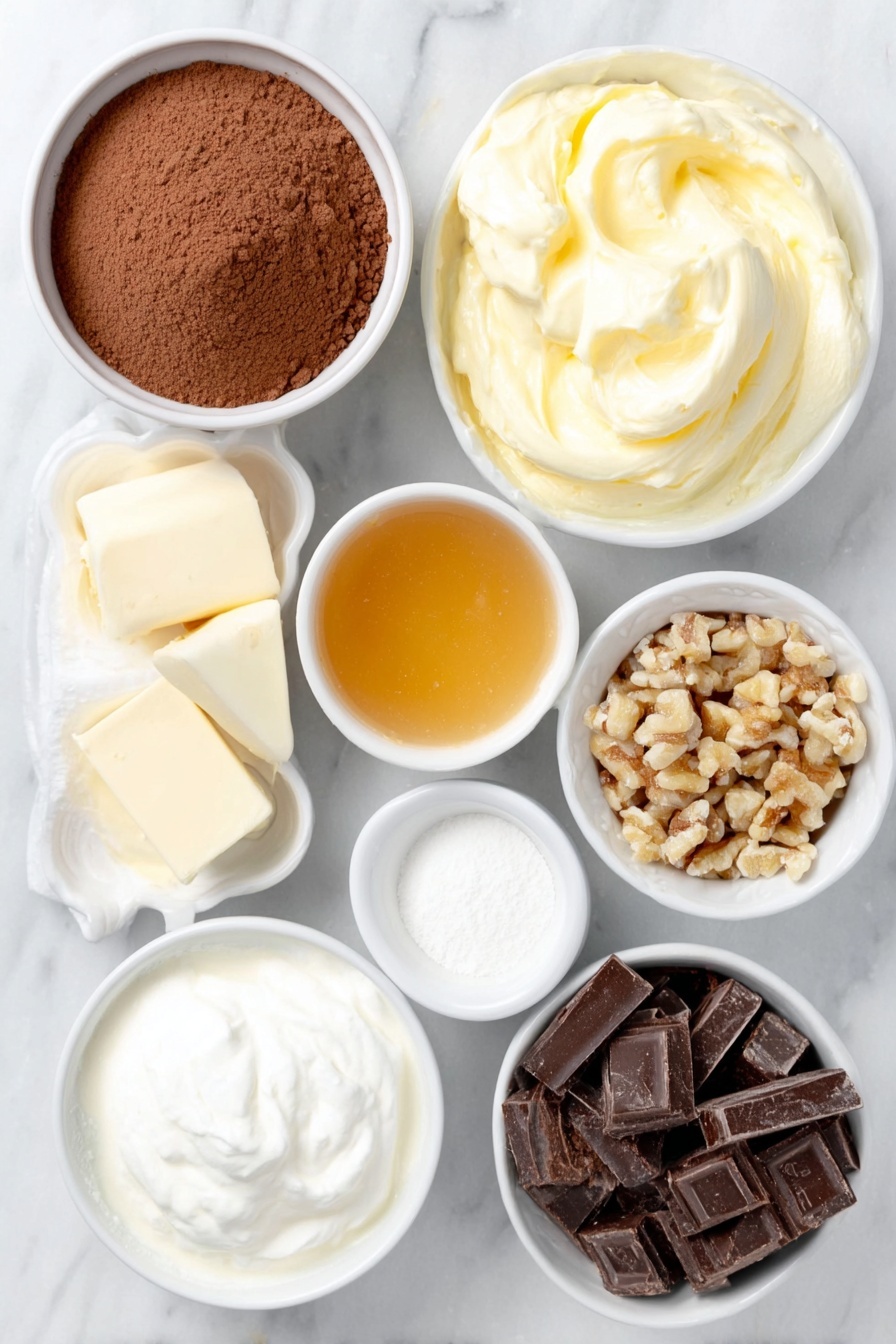 Chocolate Caramel Dump Cake, easy chocolate caramel dessert, quick dump cake recipe, no-bake caramel cake, indulgent chocolate caramel treat - Flat lay of a small white ceramic bowl filled with fine chocolate cake mix powder, two large brown eggs with smooth clean shells, a small white ceramic bowl of creamy whole milk, a small white ceramic bowl holding melted golden butter, a small white ceramic bowl containing white baking powder, a small white ceramic bowl with thick white sour cream, a small white ceramic bowl of rich golden caramel sauce, a small white ceramic bowl filled with glossy semi-sweet chocolate chunks, a small white ceramic bowl of thick heavy cream, a neat pile of dark chocolate shavings, and a small heap of golden chopped nuts, all arranged symmetrically and balanced, placed on a clean white marble surface, soft natural light, photo taken with an iPhone, professional food photography style, fresh ingredients, white ceramic bowls, no bottles, no duplicates, no utensils, no packaging --ar 2:3 --v 7 --p m7354615311229779997