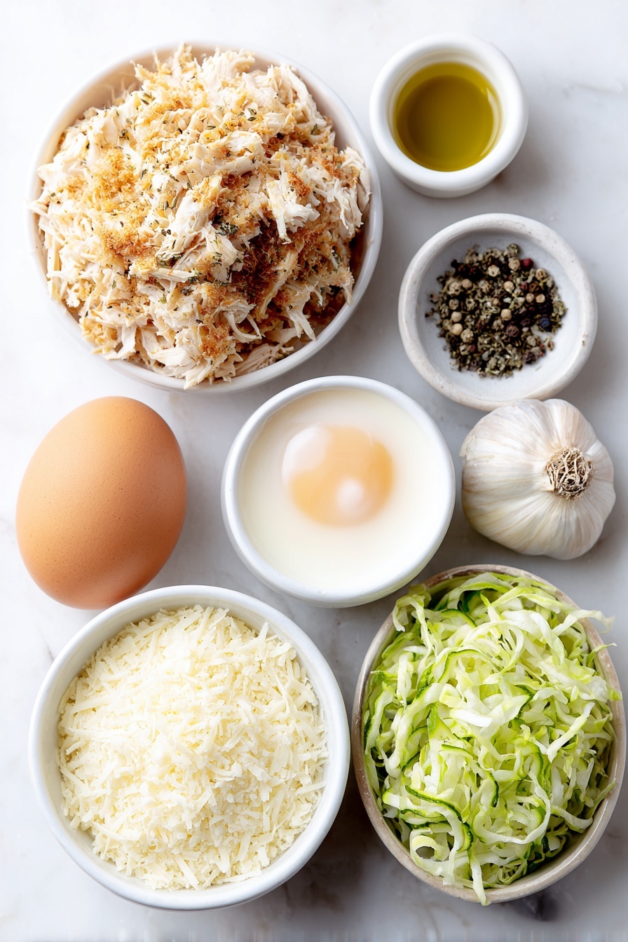 Viral Chicken Crust Caesar Salad Pizza, low-carb chicken crust pizza, healthy Caesar salad pizza, easy chicken crust pizza recipe, gluten-free chicken pizza - Flat lay of a small mound of shredded canned chicken, one whole uncracked brown egg with a clean shell, a small white bowl of grated parmesan cheese, three fresh garlic cloves, two teaspoons of dried Italian seasoning herbs, a small pinch of coarse salt, a few whole black peppercorns, a small white bowl of light olive oil, a pile of fresh shredded romaine lettuce leaves, a small white bowl filled with creamy Caesar dressing, a small pile of thinly sliced mini cucumbers, all arranged symmetrically around the center, placed on a clean white marble surface, soft natural light, photo taken with an iPhone, professional food photography style, fresh ingredients, white ceramic bowls, no bottles, no duplicates, no utensils, no packaging --ar 2:3 --v 7 --p m7354615311229779997