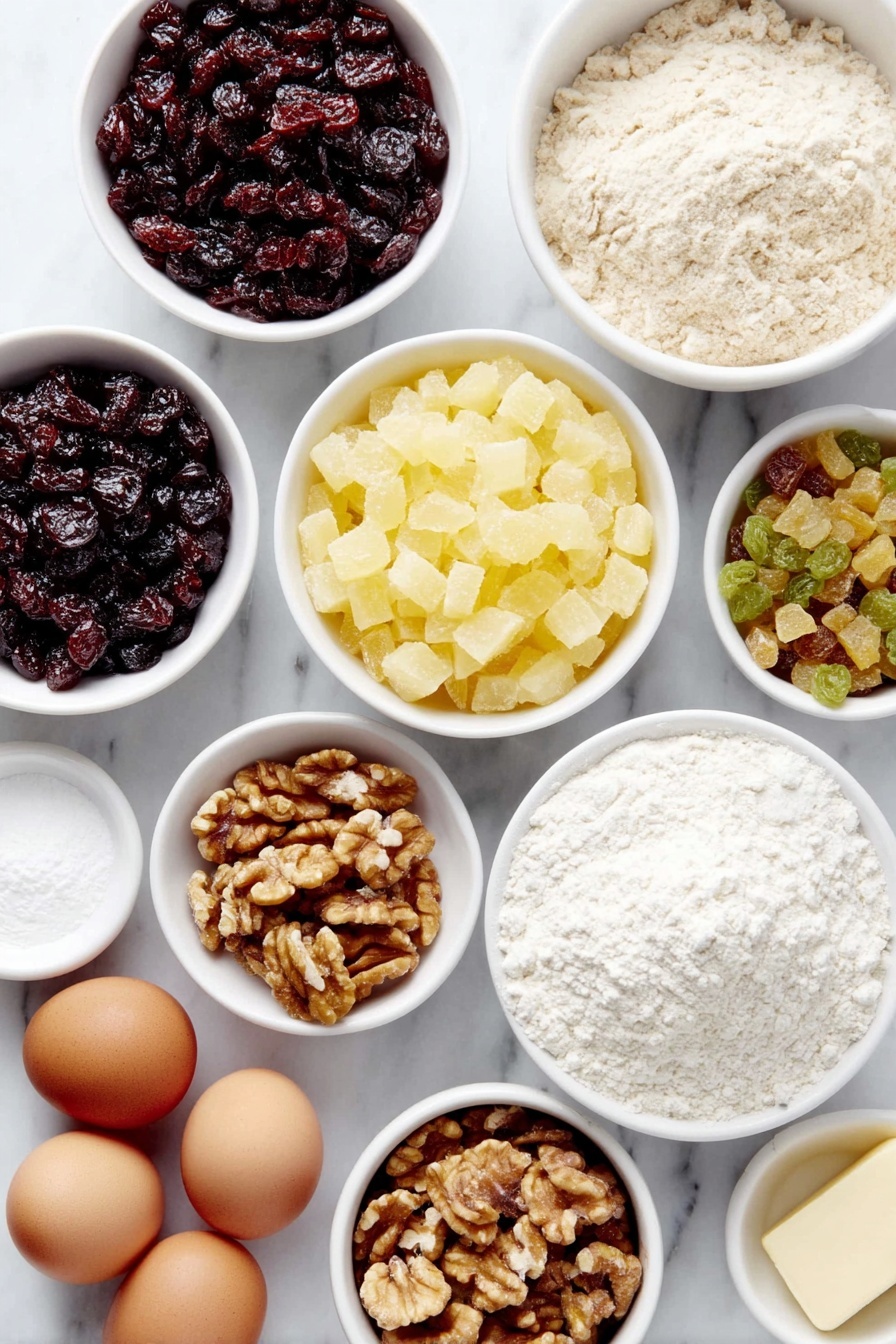 Delicious Candied Fruit Cake, candied fruit cake, holiday fruit cake, moist fruit cake, festive cake recipe - Flat lay of whole red candied cherries, whole green candied cherries, diced candied pineapple, golden raisins, walnut halves, a stick of shortening, granulated sugar in a small white bowl, five whole uncracked brown eggs, vanilla extract in a small white bowl, all-purpose flour in a small white bowl, baking powder in a small white bowl, salt in a small white bowl, all arranged symmetrically on simple white ceramic dishes placed on a clean white marble surface, soft natural light, photo taken with an iPhone, professional food photography style, fresh ingredients, white ceramic bowls, no bottles, no duplicates, no utensils, no packaging --ar 2:3 --v 7 --p m7354615311229779997