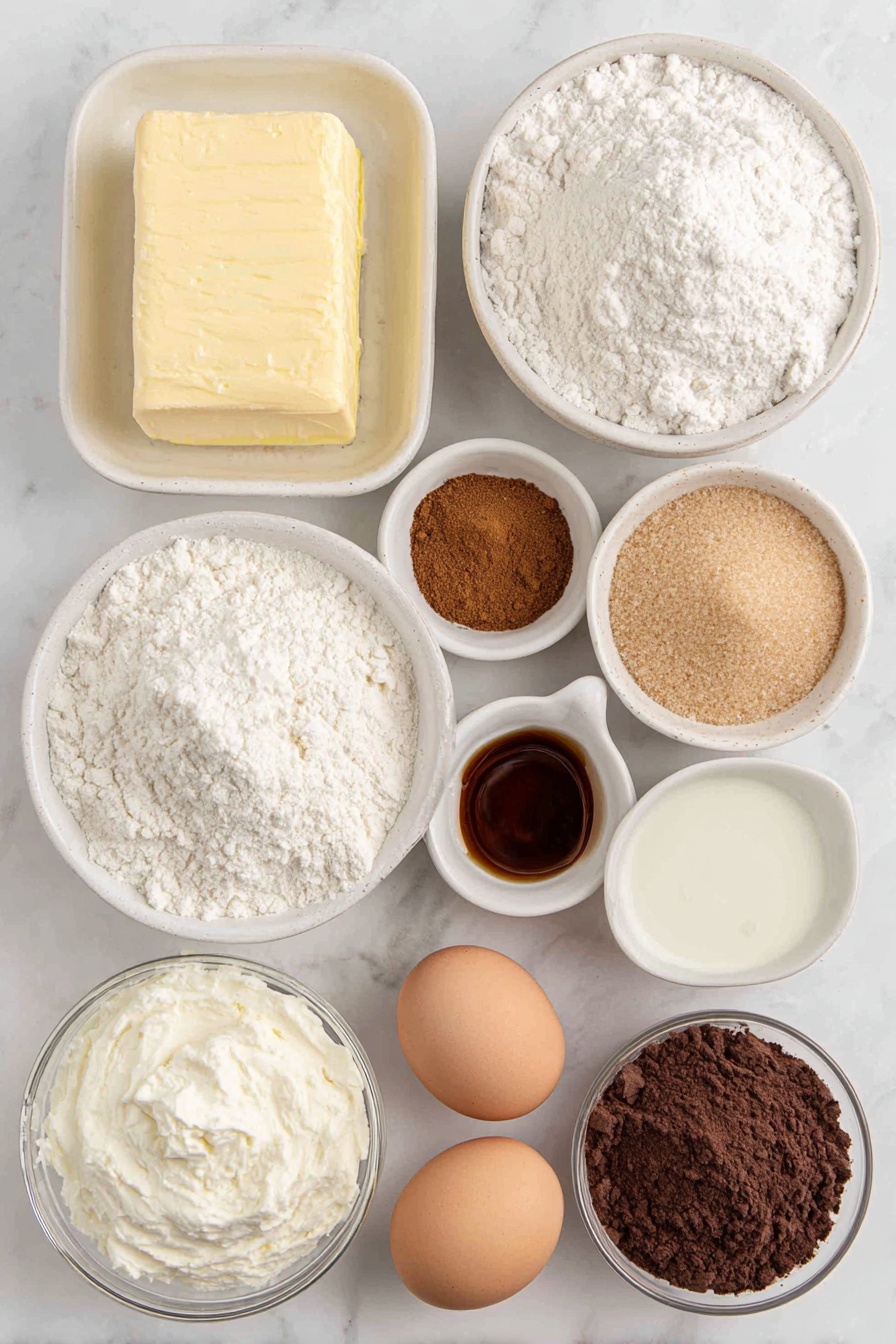 Pumpkin Pie Bars with Shortbread Crust, fall dessert recipes, easy pumpkin dessert, holiday pumpkin bars, seasonal pumpkin recipes - Flat lay of a small block of unsalted butter, a small white ceramic bowl of granulated sugar, a small white ceramic bowl of packed light brown sugar, one whole uncracked brown egg, a small white ceramic bowl of vanilla extract, a small white ceramic bowl of all-purpose flour, a small white ceramic bowl of baking powder, a small white ceramic bowl of ground cinnamon, a small white ceramic bowl of kosher salt, a small white ceramic bowl of pumpkin puree, a small white ceramic bowl of heavy cream, two whole uncracked brown eggs, a small white ceramic bowl of cornstarch, a small white ceramic bowl of pumpkin pie spice, a small white ceramic bowl of powdered sugar placed on a clean white marble surface, soft natural light, photo taken with an iPhone, professional food photography style, fresh ingredients, white ceramic bowls, no bottles, no duplicates, no utensils, no packaging --ar 2:3 --v 7 --p m7354615311229779997