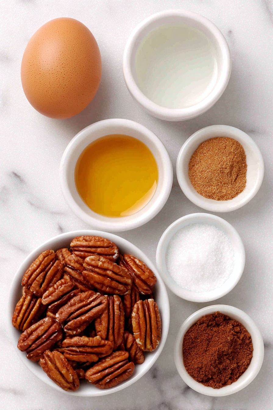 Cinnamon Sugar Roasted Pecans, cinnamon pecans, roasted pecan snack, sweet pecan treats, gift-worthy pecans - Flat lay of a single whole uncracked egg with a clean shell, a small white bowl of clear water, a small white bowl of golden vanilla extract, a small white bowl of light brown ground cinnamon, a small white bowl of coarse white granulated sugar, a small white bowl of moist dark brown sugar, a small white bowl of fine white salt, and a small white ceramic bowl heaped with fresh whole pecans, all arranged in perfect symmetry, placed on a clean white marble surface, soft natural light, photo taken with an iPhone, professional food photography style, fresh ingredients, white ceramic bowls, no bottles, no duplicates, no utensils, no packaging --ar 2:3 --v 7 --p m7354615311229779997