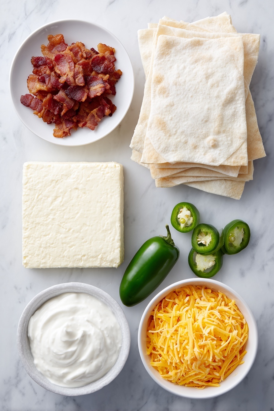 Jalapeno Popper Wonton Cups, spicy appetizers, cheesy jalapeno bites, easy party appetizers, bacon jalapeno cups - Flat lay of twelve square wonton wrappers stacked neatly, a smooth block of cream cheese, a small white bowl of thick sour cream, crispy cooked and crumbled bacon pieces arranged loosely, shredded bright orange cheddar cheese in a small white bowl, three fresh green jalapeños—two whole and one sliced with visible seeds—placed symmetrically around the ingredients, all placed on a clean white marble surface, soft natural light, photo taken with an iPhone, professional food photography style, fresh ingredients, white ceramic bowls, no bottles, no duplicates, no utensils, no packaging --ar 2:3 --v 7 --p m7354615311229779997