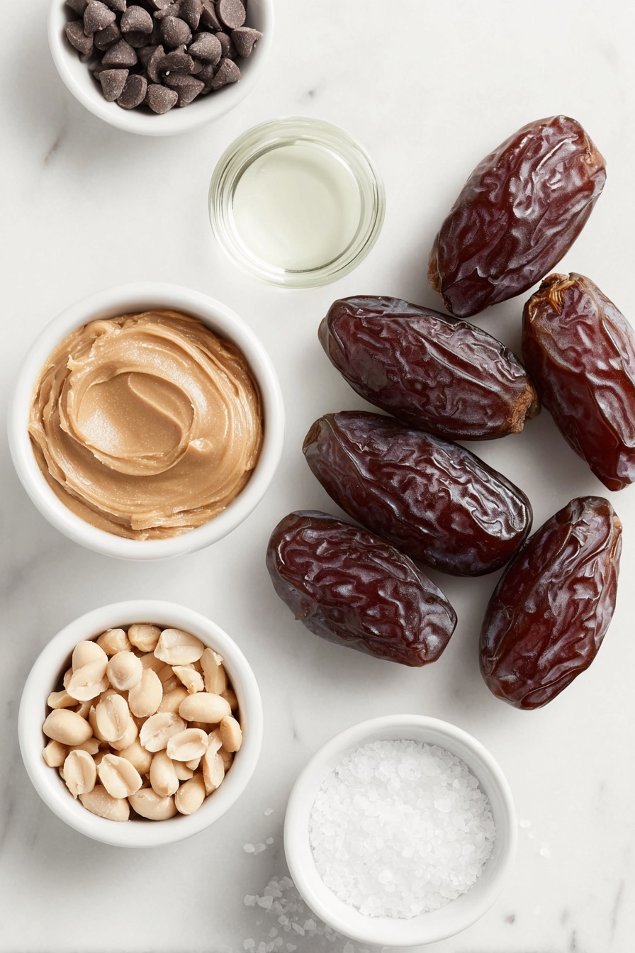 Chocolate Peanut Butter Stuffed Dates, healthy dessert ideas, easy sweet treats, no-bake date snacks, decadent snack recipes - Flat lay of a cluster of glossy Medjool dates with one split open showing smooth peanut butter inside, a small white ceramic bowl filled with creamy all-natural smooth peanut butter, a delicate pile of roughly chopped fresh peanuts, a small white ceramic bowl holding semi-sweet chocolate chips, a tiny white ceramic bowl with clear coconut oil, and a small white ceramic bowl containing flaky sea salt crystals, all arranged in perfect symmetry on a clean white marble surface, soft natural light, photo taken with an iPhone, professional food photography style, fresh ingredients, white ceramic bowls, no bottles, no duplicates, no utensils, no packaging --ar 2:3 --v 7 --p m7354615311229779997