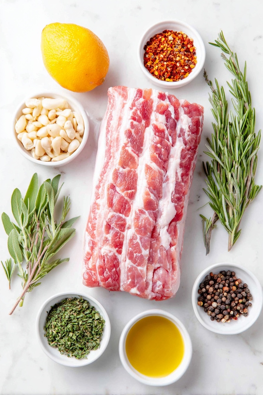 Porchetta with Fennel and Herbs, Italian Roast Pork, Fennel Herb Roast Recipe, Gourmet Pork Belly Roast, Elegant Holiday Pork Dish - Flat lay of a fresh slab of pork belly with scored fat, a whole pork tenderloin, a small white ceramic bowl of whole fennel seeds, roughly chopped garlic cloves, a small bunch of fennel fronds, a small pile of chopped fresh rosemary, a small pile of chopped fresh sage, a small pile of chopped fresh thyme, a lemon with zest curls visible, a small white ceramic bowl containing red pepper flakes, another small white ceramic bowl with black peppercorns, a small white ceramic bowl of coarse salt, and a small white ceramic bowl of golden olive oil, all arranged symmetrically on a clean white marble surface, soft natural light, photo taken with an iPhone, professional food photography style, fresh ingredients, white ceramic bowls, no bottles, no duplicates, no utensils, no packaging --ar 2:3 --v 7 --p m7354615311229779997