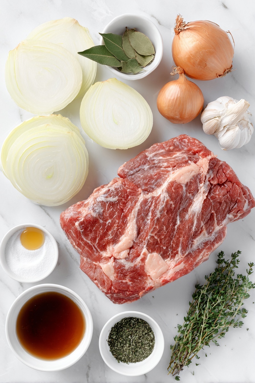 French Onion Pot Roast, French Onion Pot Roast recipe, hearty French roast with onions, caramelized onion pot roast, rustic French beef dish - Flat lay of a fresh 3 to 4 lb chuck roast with a trimmed edge, two yellow onions halved and thinly sliced, two whole uncracked brown garlic cloves, three fresh bay leaves, a small white ceramic bowl of bright green dried parsley flakes, a small white ceramic bowl of dried thyme leaves, a small white ceramic bowl with fine pale arrowroot starch powder, a small white ceramic bowl of light golden avocado oil, a small white ceramic bowl with dark amber coconut aminos, a small white ceramic bowl of rich brown beef broth, a small white ceramic bowl of deep red wine vinegar, and a sprinkle of fresh chopped parsley and thyme leaves, all arranged symmetrically in balanced proportions, placed on a clean white marble surface, soft natural light, photo taken with an iPhone, professional food photography style, fresh ingredients, white ceramic bowls, no bottles, no duplicates, no utensils, no packaging --ar 2:3 --v 7 --p m7354615311229779997