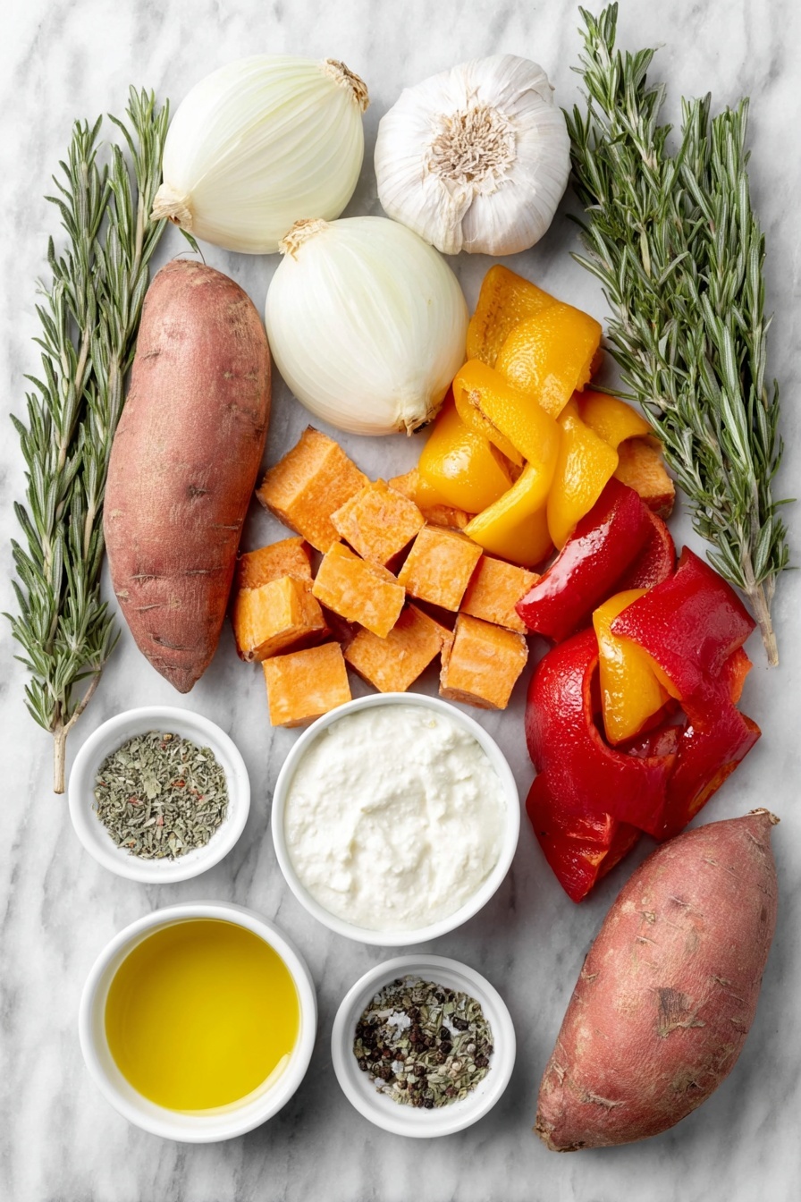 Creamy Roasted Vegetable Soup, roasted vegetable soup, easy veggie soup, healthy vegetable soup, comforting vegetable soup - Flat lay of three thick wedges of white onion, five whole unpeeled garlic cloves with skin on, three thick strips of mixed red, yellow, and orange bell peppers, chunks of peeled sweet potato, six thick wedges of ripe red salad tomatoes, chunks of peeled large carrots, five fresh rosemary sprigs, a small white bowl of single cream, a small white bowl of extra virgin olive oil, a small white bowl of dried Italian herbs, a small white bowl of dried sage, a small white bowl of coarse salt, and a small white bowl of black peppercorns placed on a clean white marble surface, soft natural light, photo taken with an iPhone, professional food photography style, fresh ingredients, white ceramic bowls, no bottles, no duplicates, no utensils, no packaging --ar 2:3 --v 7 --p m7354615311229779997