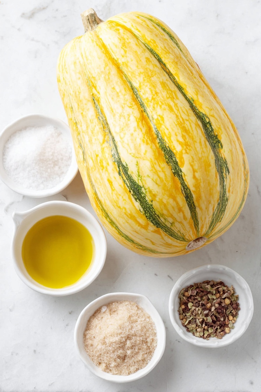 Roasted Delicata Squash,Delicata Squash Side Dish,Healthy Squash Recipes,Fall Vegetable Recipes,Easy Roasted Squash - Flat lay of one whole delicata squash with smooth yellow skin and green stripes, a small white ceramic bowl of golden olive oil, a small white bowl of fine white salt, a small white bowl of pale beige garlic powder, and a small white bowl of coarsely cracked black peppercorns, all arranged symmetrically in balanced proportions, placed on a clean white marble surface, soft natural light, photo taken with an iPhone, professional food photography style, fresh ingredients, white ceramic bowls, no bottles, no duplicates, no utensils, no packaging --ar 2:3 --v 7 --p m7354615311229779997