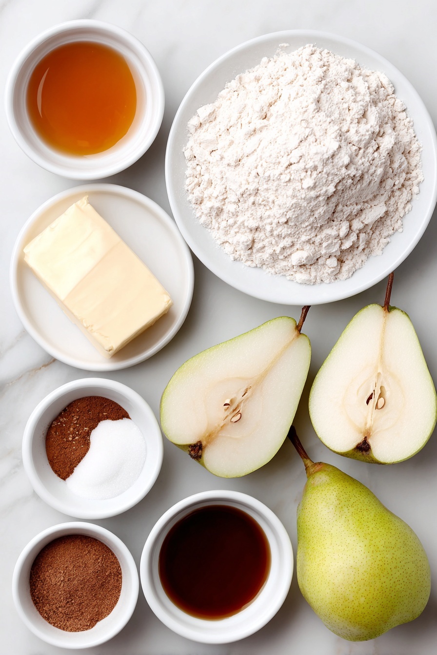 Vegan Pear Pie with Chai Spices, vegan pear pie, chai spice dessert, vegan fruit pie, fall vegan dessert - Flat lay of a small mound of all purpose flour on a simple white ceramic plate, a few coarse grains of cane sugar in a small white bowl, a chunk of cold vegan butter resting on a white ceramic dish, two small white ceramic bowls containing amber maple syrup and pale almond milk, a small white bowl filled with ice water, five fresh ripe pears halved and chopped with smooth green and yellow skins, a small white ceramic bowl holding solid coconut oil, and an array of spices including ground cinnamon, ground ginger, ground allspice, ground nutmeg, ground cloves, and cardamom, each in tiny white ceramic bowls arranged symmetrically around the central ingredients, all placed on a clean white marble surface, soft natural light, photo taken with an iPhone, professional food photography style, fresh ingredients, white ceramic bowls, no bottles, no duplicates, no utensils, no packaging --ar 2:3 --v 7 --p m7354615311229779997