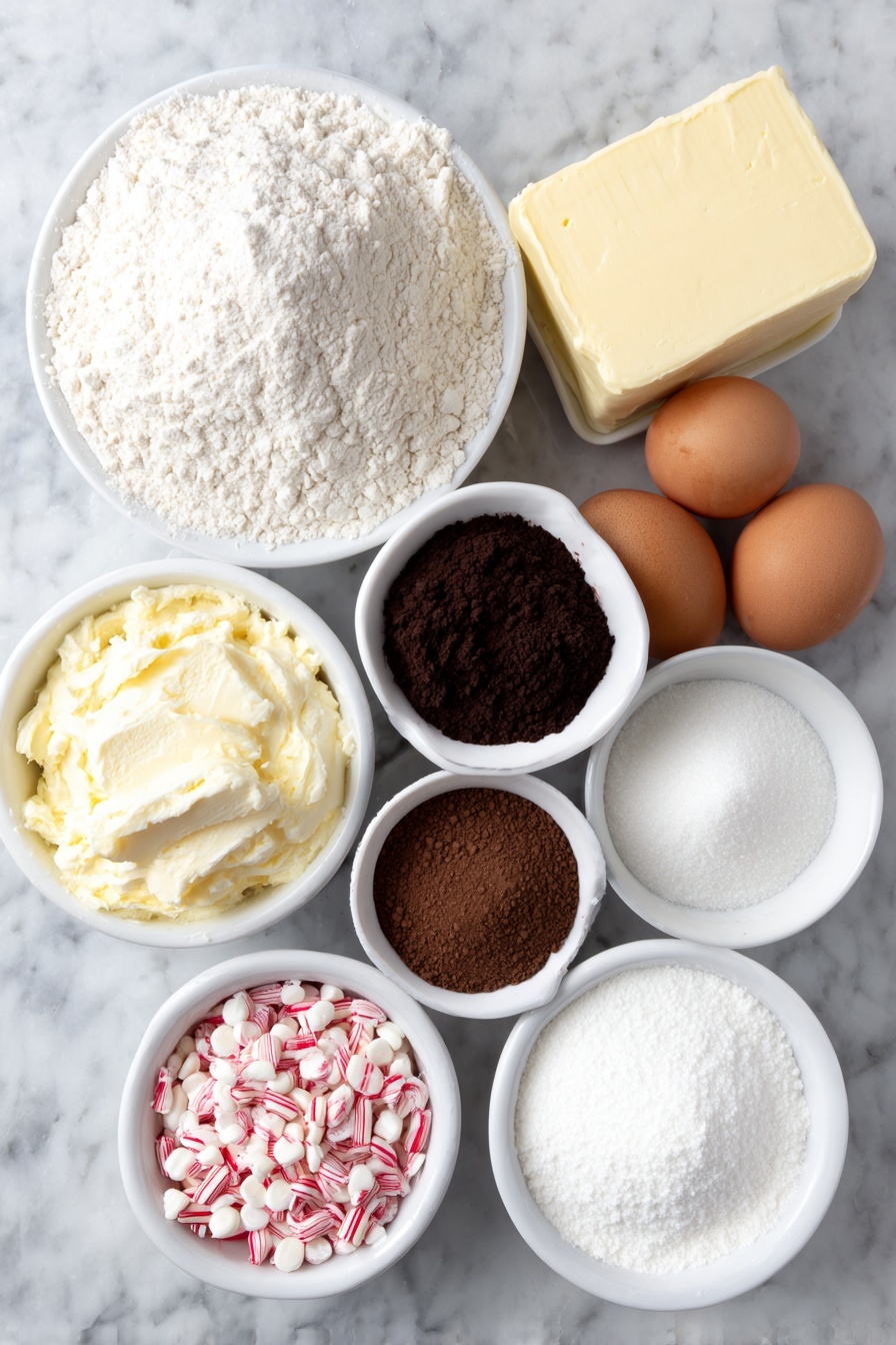 Chocolate Peppermint Candy Cane Cookies, festive holiday cookies, peppermint chocolate cookies, Christmas cookie recipes, easy holiday dessert - Flat lay of a small mound of all-purpose flour, a small white bowl with Dutch-processed cocoa powder, a small white bowl with black cocoa powder, a small white bowl with baking soda, a small white bowl with coarse sea salt, a slab of unsalted butter, a small white bowl filled with granulated sugar, a small white bowl filled with packed light-brown sugar, two large whole brown eggs with clean shells, a small white bowl with crushed bright red and white candy canes, and a small white bowl with smooth white melted chocolate, arranged in perfect symmetry on a clean white marble surface, soft natural light, photo taken with an iPhone, professional food photography style, fresh ingredients, white ceramic bowls, no bottles, no duplicates, no utensils, no packaging --ar 2:3 --v 7 --p m7354615311229779997