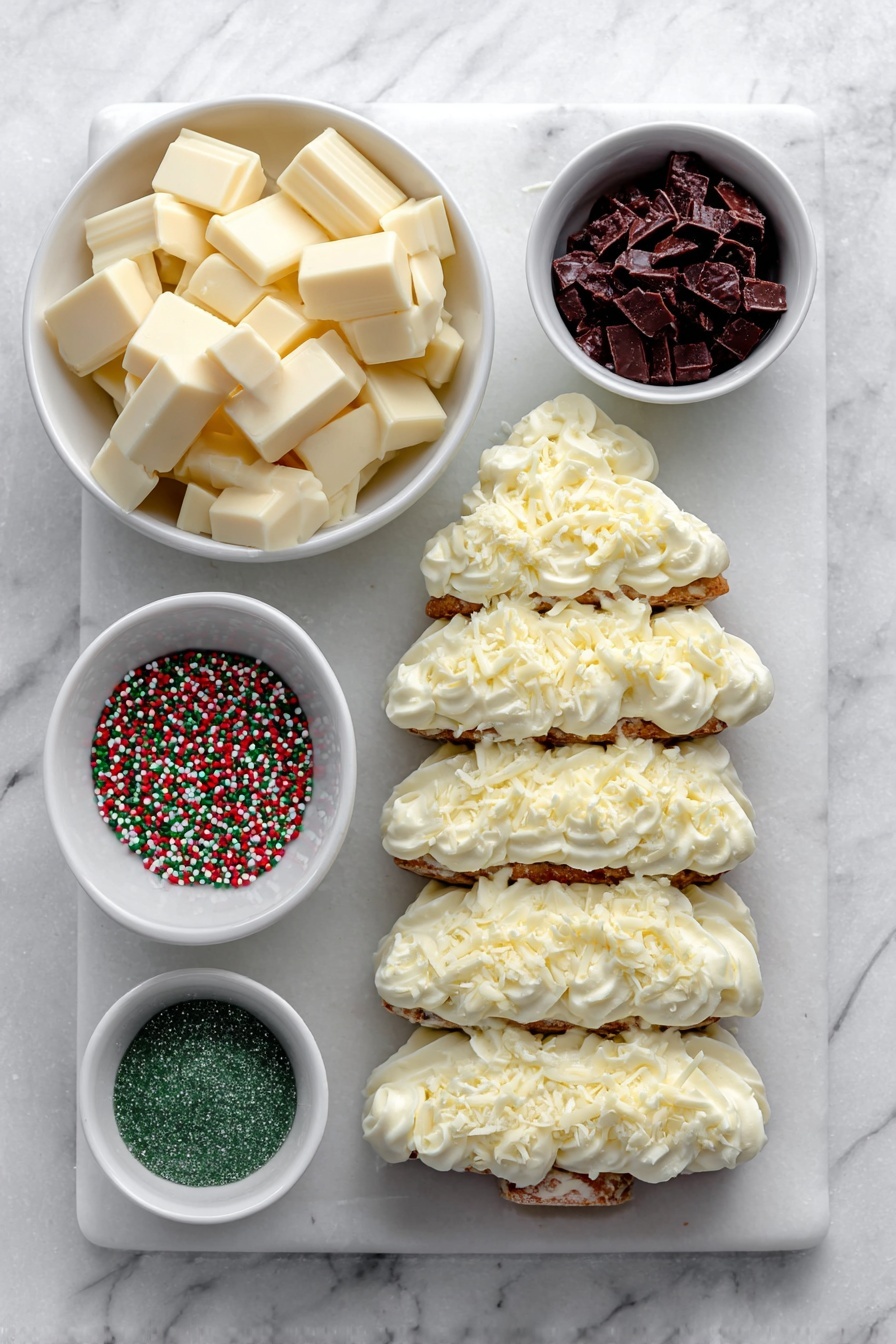 Christmas Tree Cake Truffles with Little Debbie, festive holiday treats, easy Christmas dessert ideas, Christmas cake truffles recipe, holiday chocolate truffles - Flat lay of a stack of five fresh Christmas tree-shaped snack cakes with green, white, and red icing, a small white ceramic bowl filled with smooth white chocolate pieces, a small white bowl holding colorful festive sprinkles, a small white bowl containing vibrant red candy melts, and a small white bowl of sparkling green sanding sugar, all arranged symmetrically on a clean white marble surface, soft natural light, photo taken with an iPhone, professional food photography style, fresh ingredients, white ceramic bowls, no bottles, no duplicates, no utensils, no packaging --ar 2:3 --v 7 --p m7354615311229779997