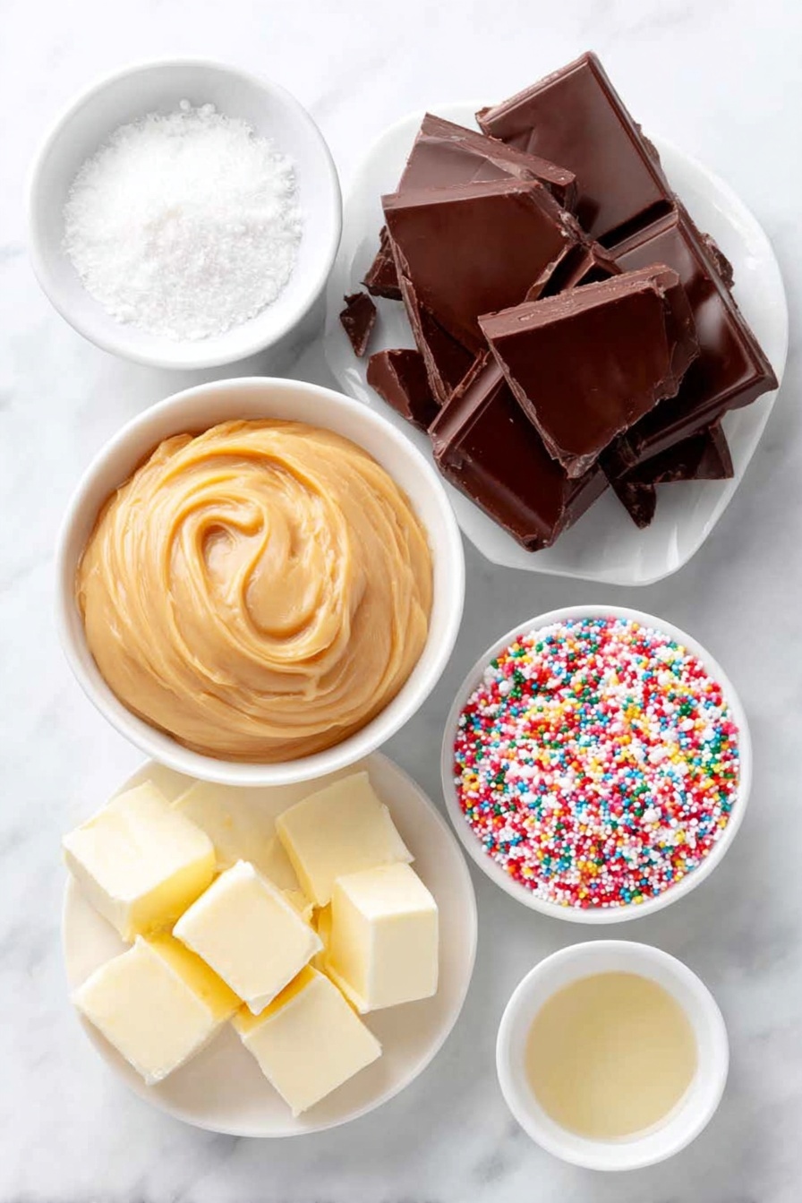 Homemade Peanut Butter Cups, easy peanut butter cups recipe, chocolate peanut butter candies, DIY peanut butter chocolates, homemade chocolate peanut butter treats - Flat lay of smooth creamy peanut butter dolloped in a simple white ceramic bowl, a few small cubes of pale unsalted butter on a white plate, a small white bowl holding translucent vanilla extract, a neat mound of fine white confectioners sugar on a white dish, large chunks of glossy dark chocolate almond bark arranged on a white plate, and a small white bowl filled with colorful festive sprinkles, all placed on a clean white marble surface, soft natural light, photo taken with an iPhone, professional food photography style, fresh ingredients, white ceramic bowls, no bottles, no duplicates, no utensils, no packaging --ar 2:3 --v 7 --p m7354615311229779997
