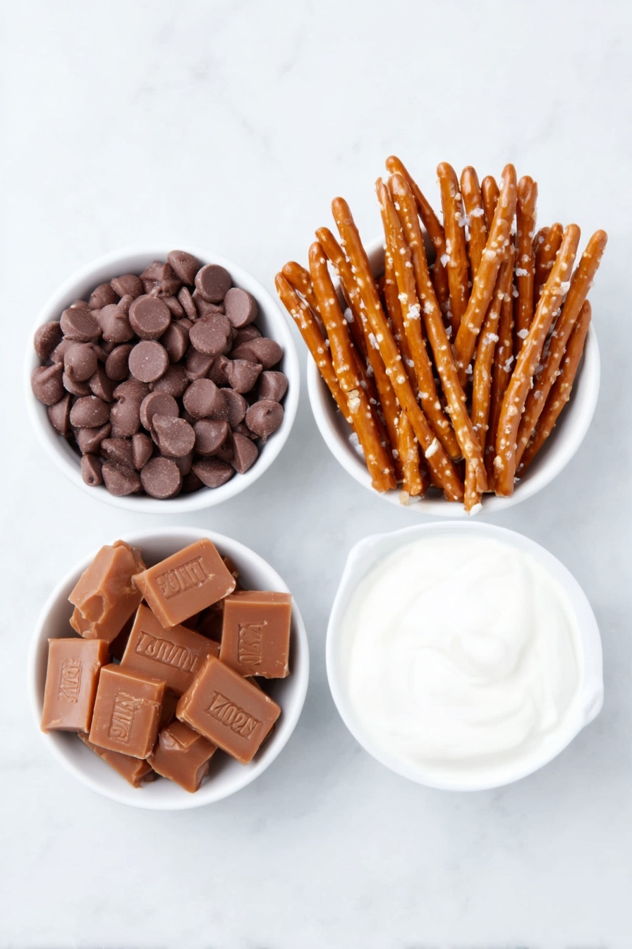 Salted Caramel Pretzel Bark, Salted Caramel Pretzel Bark recipe, salty sweet chocolate treat, easy caramel pretzel snack, no-bake caramel bark - Flat lay of a small pile of smooth, glossy milk chocolate chips, a handful of golden-brown pretzels with coarse salt crystals, a simple white ceramic bowl filled with unwrapped golden caramel squares, and a small white ceramic bowl containing rich, creamy heavy cream, all arranged symmetrically and balanced, placed on a clean white marble surface, soft natural light, photo taken with an iPhone, professional food photography style, fresh ingredients, white ceramic bowls, no bottles, no duplicates, no utensils, no packaging --ar 2:3 --v 7 --p m7354615311229779997