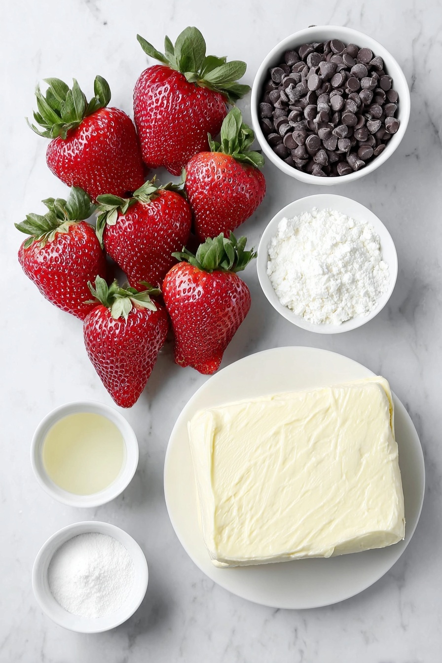 Chocolate Covered Cheesecake Strawberries, strawberries dessert, chocolate covered strawberries, cheesecake strawberries, easy fruit desserts - Flat lay of fresh large red strawberries with green leafy tops, a small white ceramic bowl filled with glossy semi-sweet chocolate chips, a smooth block of softened cream cheese on a simple white plate, a small white bowl containing fine white powdered sugar, another small white bowl holding cold heavy cream, and a small white bowl with clear vanilla extract, all arranged in perfect symmetry placed on a clean white marble surface, soft natural light, photo taken with an iPhone, professional food photography style, fresh ingredients, white ceramic bowls, no bottles, no duplicates, no utensils, no packaging --ar 2:3 --v 7 --p m7354615311229779997