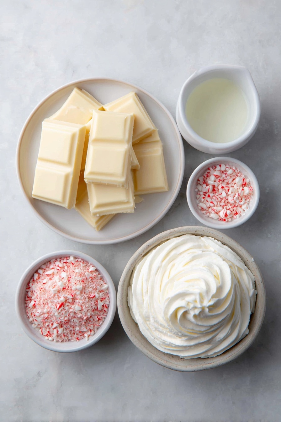 Candy Cane White Hot Chocolate, White Hot Chocolate with Peppermint, Festive Hot Chocolate Drink, Easy Holiday White Hot Chocolate, Slow Cooker Hot Chocolate - Flat lay of a small white ceramic bowl filled with whole milk, a simple white ceramic dish holding broken pieces of creamy white chocolate baking bars, a small white bowl containing crushed red-and-white candy canes, a tiny white bowl with clear vanilla extract, a generous swirl of fresh whipped cream on a plain white ceramic plate, and a separate small white bowl with extra crushed candy canes for garnish, all arranged in perfect symmetry and balanced proportions, placed on a clean white marble surface, soft natural light, photo taken with an iPhone, professional food photography style, fresh ingredients, white ceramic bowls, no bottles, no duplicates, no utensils, no packaging --ar 2:3 --v 7 --p m7354615311229779997