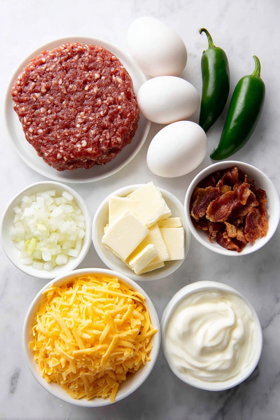 Crack Breakfast Casserole, breakfast casserole recipe, easy breakfast casserole, savory breakfast bake, make-ahead breakfast casserole - Flat lay of raw ground sausage patty, eight whole brown eggs with clean shells, a small white bowl of creamy sour cream, a small white bowl filled with shredded cheddar cheese, a small white bowl of crispy bacon bits, a few fresh green chili peppers, one small white bowl with chopped white onions, scattered whole peppercorns and a small pinch of coarse sea salt crystals all arranged symmetrically around a simple white ceramic plate, placed on a clean white marble surface, soft natural light, photo taken with an iPhone, professional food photography style, fresh ingredients, white ceramic bowls, no bottles, no duplicates, no utensils, no packaging --ar 2:3 --v 7 --p m7354615311229779997