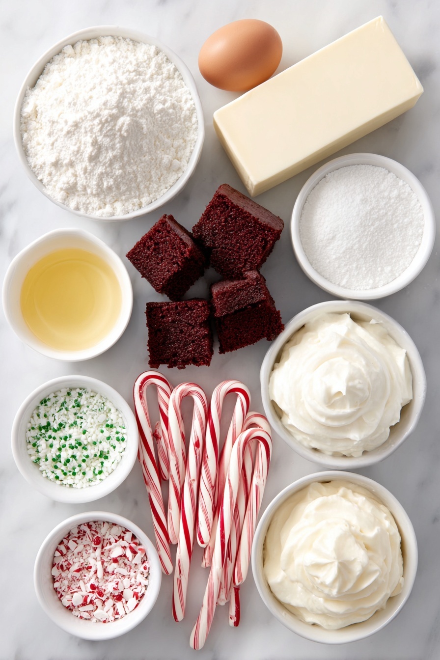 Christmas Red Velvet Lasagna Dessert, festive red velvet dessert, holiday layered dessert, Christmas holiday dessert ideas, easy Christmas dessert recipes - Flat lay of a small box of red velvet cake mix with rich red velvet cake pieces beside it, a small white ceramic bowl of melted golden butter, one whole uncracked brown egg, a block of creamy white cream cheese, a small white ceramic bowl of fine white confectioners sugar, a small white ceramic bowl with crushed red and white candy canes, a small white ceramic bowl filled with fresh cold milk, a small white ceramic bowl of fluffy white Cool Whip, two small white ceramic bowls of pale yellow vanilla instant pudding powder, a small white ceramic bowl with vivid green gel food coloring, a scattering of colorful Christmas sprinkles and more crushed candy canes arranged artfully, all placed on a clean white marble surface, soft natural light, photo taken with an iPhone, professional food photography style, fresh ingredients, white ceramic bowls, no bottles, no duplicates, no utensils, no packaging --ar 2:3 --v 7 --p m7354615311229779997