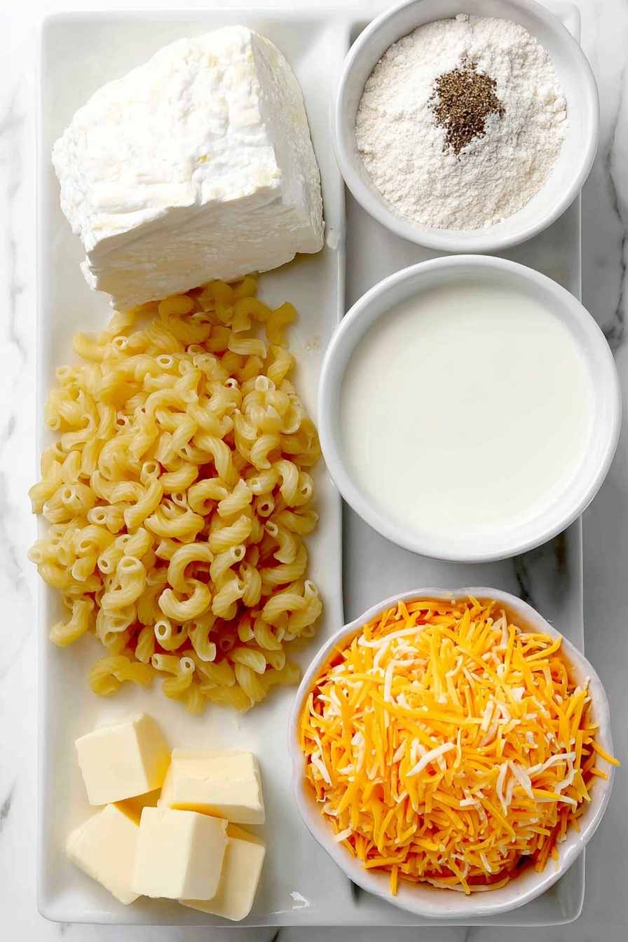 Creamy Baked Mac and Cheese, baked mac and cheese recipe, cheesy baked pasta, homemade mac and cheese, comfort food recipes - Flat lay of uncooked elbow macaroni noodles, a few small cubes of golden butter, a small mound of pale all-purpose flour, a pinch of coarse salt crystals, a sprinkle of freshly ground black pepper, a small white ceramic bowl filled with creamy milk, a small white ceramic bowl containing smooth half and half cream, a small white ceramic bowl heaped with bright orange shredded cheddar cheese placed on a clean white marble surface, soft natural light, photo taken with an iPhone, professional food photography style, fresh ingredients, white ceramic bowls, no bottles, no duplicates, no utensils, no packaging --ar 2:3 --v 7 --p m7354615311229779997