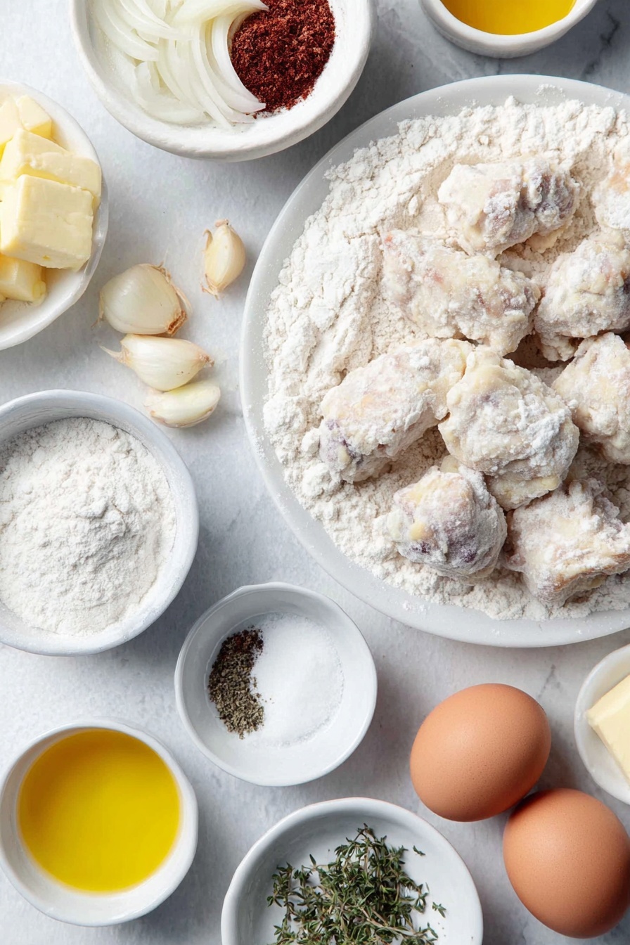 Vegan Chicken and Dumplings Soup, vegan comfort food recipes, plant-based soup recipes, vegan hearty soups, vegan friendly dinner ideas - Flat lay of a medium yellow onion chopped, two medium peeled and sliced carrots, three peeled garlic cloves, a small white ceramic bowl of olive oil, a small white ceramic bowl of all purpose flour, a small white ceramic bowl of no chicken broth, a small white ceramic bowl of unsweetened vegan creamer, a small white ceramic bowl with dried thyme, a small white ceramic bowl with dried parsley, a small white ceramic bowl of frozen green peas, a portion of fresh vegan chicken pieces, a large white ceramic bowl with all purpose flour, a small white ceramic bowl of baking powder, a small white ceramic bowl with salt, a small white ceramic bowl with ground black pepper, a small white ceramic bowl of unsweetened plant milk, a small white ceramic bowl of melted vegan butter, two whole uncracked brown eggs placed on a simple white ceramic plate, placed on a clean white marble surface, soft natural light, photo taken with an iPhone, professional food photography style, fresh ingredients, white ceramic bowls, no bottles, no duplicates, no utensils, no packaging --ar 2:3 --v 7 --p m7354615311229779997