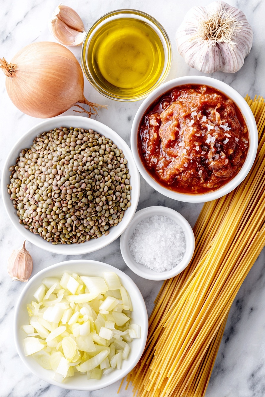 Instant Pot Lentil Spaghetti, Lentil Spaghetti Recipe, Healthy Lentil Pasta, Easy Instant Pot Dinner, Protein-Packed Pasta Dish - Flat lay of a small white ceramic bowl of golden olive oil, half a fresh yellow onion diced finely on a simple white plate, two peeled cloves of garlic next to the onion, a small white bowl with coarse salt crystals, a pile of cooked green lentils arranged neatly on a white ceramic dish, a simple white bowl filled with clear water, a bundle of uncooked golden spaghetti noodles loosely arranged, and a white ceramic bowl filled with vibrant red vegan marinara sauce, all placed on a clean white marble surface, soft natural light, photo taken with an iPhone, professional food photography style, fresh ingredients, white ceramic bowls, no bottles, no duplicates, no utensils, no packaging --ar 2:3 --v 7 --p m7354615311229779997