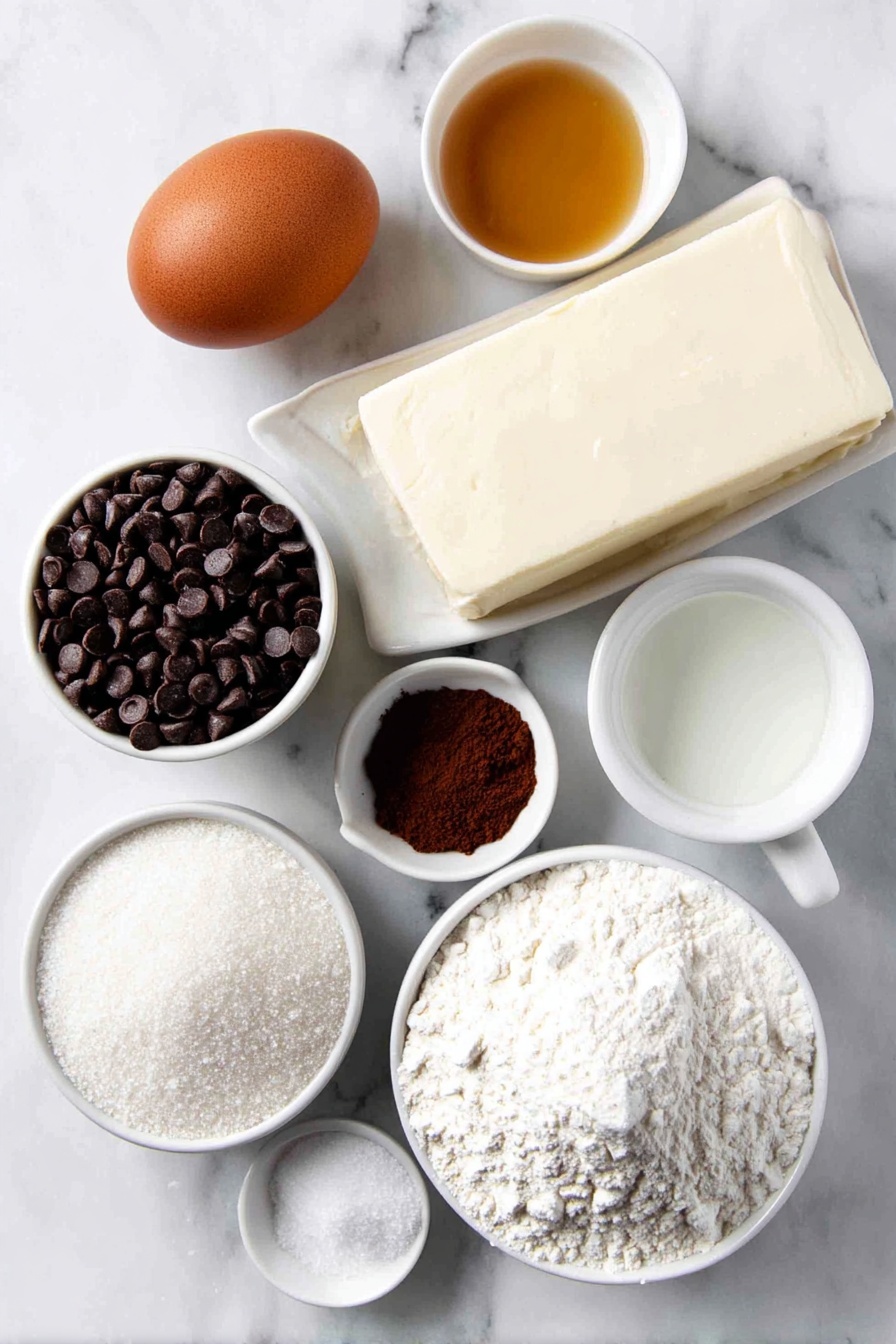 Chocolate Fudge Rounds Cookies, fudgy chocolate cookies, homemade chocolate sandwich cookies, easy chocolate cookie recipes, decadent cocoa cookies - Flat lay of a small slab of unsalted butter at cool room temperature, a small pile of granulated sugar, one large whole brown egg with a clean shell, a small white ceramic bowl of light golden corn syrup, a small white ceramic bowl of clear vanilla extract, a small mound of all-purpose flour, a small mound of unsweetened natural cocoa powder, a small mound of cornstarch, a small pile of fine sea salt, a small pile of baking soda, a small white ceramic bowl of milk chocolate chips, a small white ceramic bowl of vegetable oil, a small mound of powdered sugar, a small white ceramic bowl of warm water placed on a clean white marble surface, soft natural light, photo taken with an iPhone, professional food photography style, fresh ingredients, white ceramic bowls, no bottles, no duplicates, no utensils, no packaging --ar 2:3 --v 7 --p m7354615311229779997