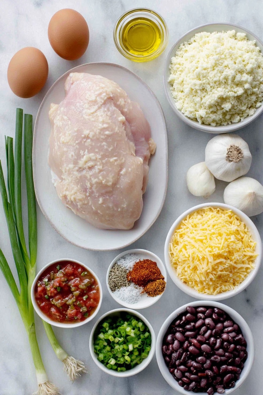 Salsa Chicken and Cauliflower Rice Skillet,healthy chicken skillet recipe,low-carb chicken dinner,sheet pan cauliflower rice meal,easy weeknight chicken dinner - Flat lay of a raw boneless skinless chicken breast, a small mound of fresh cauliflower rice, two whole uncracked brown eggs, two green onions with bright green stalks and white bulbs, two peeled garlic cloves, a small white bowl with golden olive oil, a small white bowl with vibrant red salsa, a small white bowl of diced fresh green chiles, a small white bowl of rinsed black beans, a small white bowl with a mix of chili powder, cumin, and smoked paprika spices, a small white bowl of chopped fresh cilantro, a small white bowl filled with shredded cheddar and Monterey Jack cheese blend, all arranged symmetrically on a simple white ceramic plate and bowls, placed on a clean white marble surface, soft natural light, photo taken with an iPhone, professional food photography style, fresh ingredients, white ceramic bowls, no bottles, no duplicates, no utensils, no packaging --ar 2:3 --v 7 --p m7354615311229779997