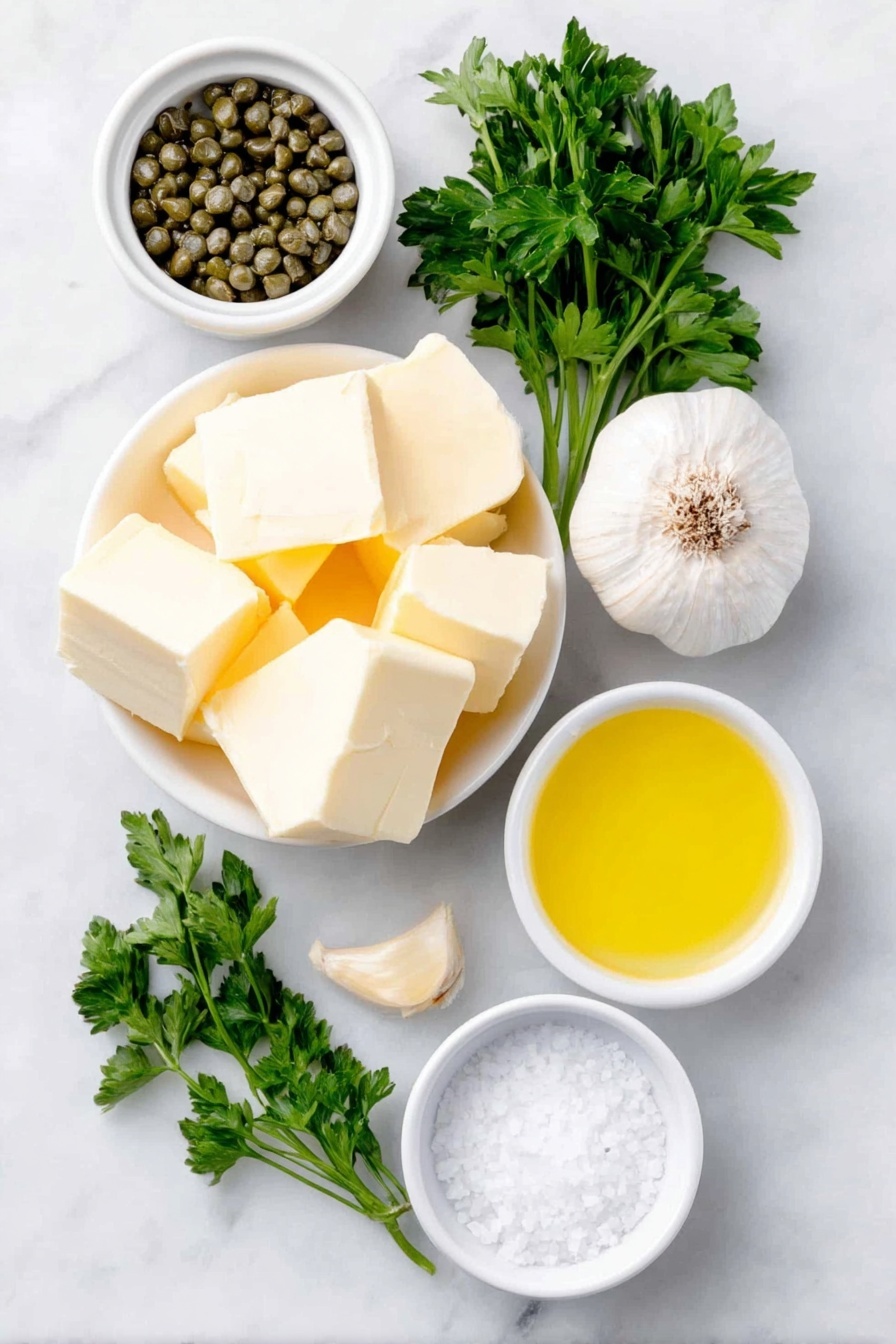 Lemon Caper Sauce for Fish and Poultry, lemon caper sauce, easy fish sauce, quick poultry sauce, bright lemon seafood sauce - Flat lay of a small white ceramic bowl of golden unsalted butter cubes, a small white ceramic bowl filled with green capers, a whole fresh garlic bulb with one peeled clove beside it, a small white ceramic bowl of bright yellow lemon juice, a few sprigs of fresh green parsley laid neatly, and a small white ceramic bowl containing coarse kosher salt crystals, all arranged in perfect symmetry on a clean white marble surface, soft natural light, photo taken with an iPhone, professional food photography style, fresh ingredients, white ceramic bowls, no bottles, no duplicates, no utensils, no packaging --ar 2:3 --v 7 --p m7354615311229779997