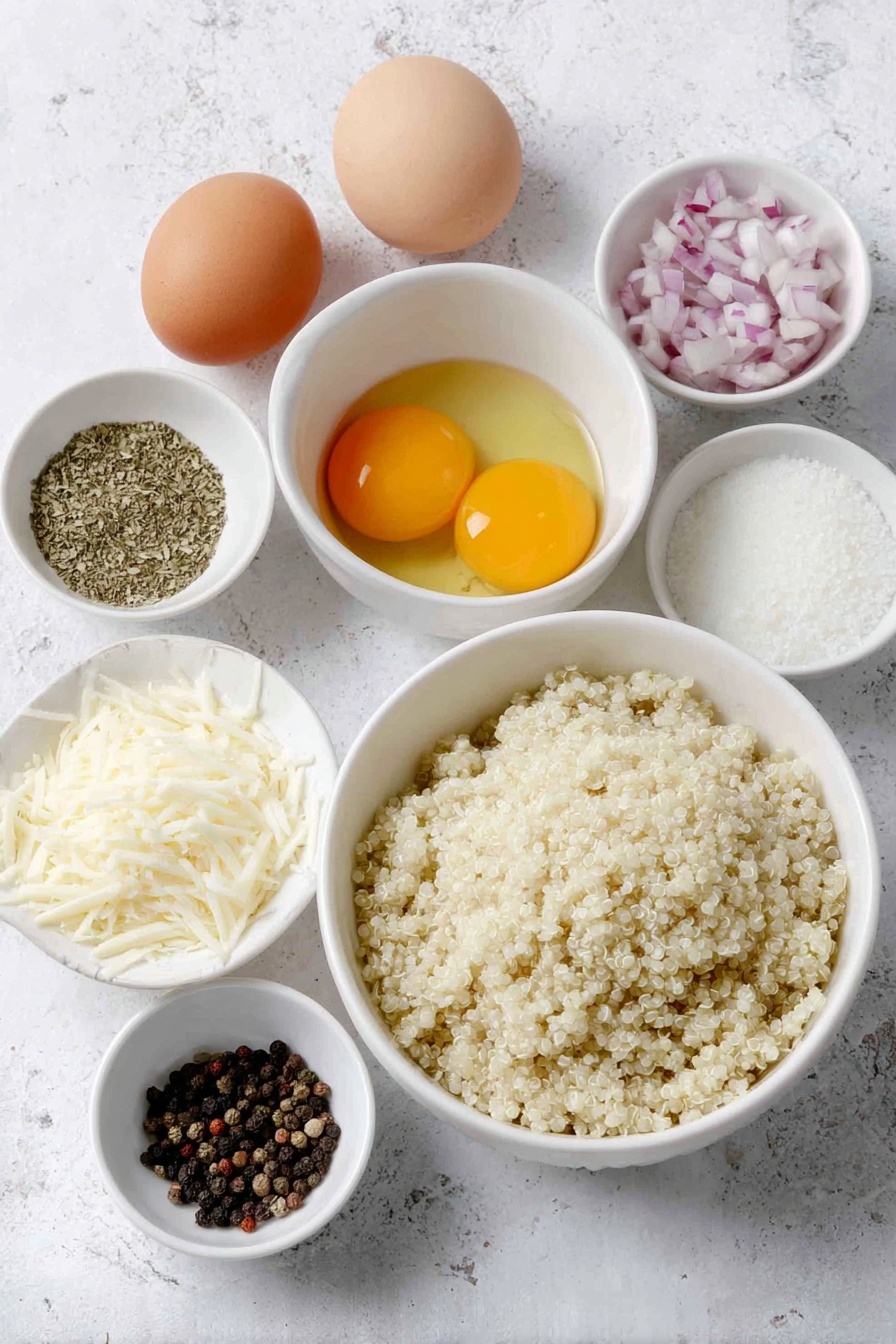 Quinoa Patties with Mozzarella, gluten-free quinoa patties, easy vegetarian snacks, healthy cheesy appetizers, crispy quinoa patties - Flat lay of cooked quinoa in a simple white ceramic bowl, two whole brown eggs with clean shells, a small white bowl of dried oregano, a small white bowl of garlic powder, a small white bowl of salt crystals, a small white bowl of black peppercorns, shredded fresh mozzarella cheese in a white ceramic bowl, finely minced red onion in a white bowl, panko breadcrumbs in a white bowl, and a small white bowl with golden avocado oil, all arranged in perfect symmetry on a clean white marble surface, soft natural light, photo taken with an iPhone, professional food photography style, fresh ingredients, white ceramic bowls, no bottles, no duplicates, no utensils, no packaging --ar 2:3 --v 7 --p m7354615311229779997