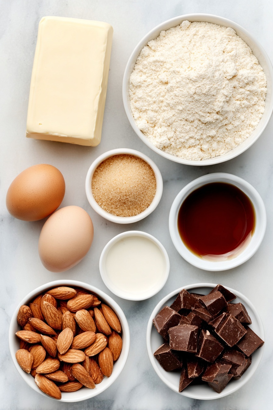 Almond Flour Lace Cookies with Nutella, almond flour lace cookies, Nutella lace cookies, crispy almond cookies with Nutella, easy Nutella cookie recipe - Flat lay of a small slab of unsalted butter, a small white ceramic bowl filled with packed light brown sugar, a simple white ceramic bowl holding fine almond flour, a few whole uncracked brown eggs, a small white bowl of clear light corn syrup, a small white bowl with pure vanilla extract, a neat pile of whole raw almonds, and a small white bowl containing chopped semi-sweet chocolate chunks, all arranged symmetrically on a clean white marble surface, soft natural light, photo taken with an iPhone, professional food photography style, fresh ingredients, white ceramic bowls, no bottles, no duplicates, no utensils, no packaging --ar 2:3 --v 7 --p m7354615311229779997