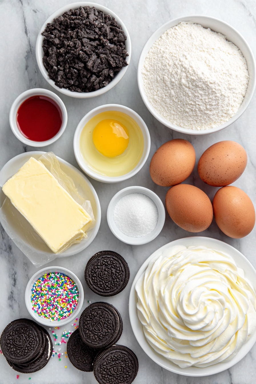 Mini Christmas Cheesecake Bites, festive cheesecake desserts, holiday mini cheesecakes, Christmas party dessert bites, easy holiday cheesecake treats - Flat lay of crushed Oreo cookies with cream filling, a small white bowl of melted butter, a smooth block of cream cheese, a small mound of granulated sugar, a small bowl of all-purpose flour, a few thin strips of lemon zest, two whole uncracked brown eggs, a small white bowl of heavy cream, a small white bowl containing red food coloring, a small white bowl containing green food coloring, a dollop of whipped cream on a white ceramic plate, colorful sprinkles scattered neatly on a white ceramic plate placed on a clean white marble surface, soft natural light, photo taken with an iPhone, professional food photography style, fresh ingredients, white ceramic bowls, no bottles, no duplicates, no utensils, no packaging --ar 2:3 --v 7 --p m7354615311229779997