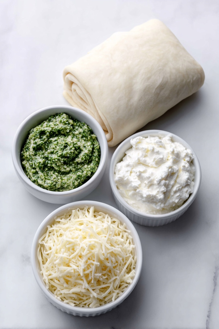 Pesto Puff Pastry Christmas Trees, festive appetizer ideas, easy holiday appetizers, Christmas party snacks, puff pastry recipes - Flat lay of a smooth, unrolled sheet of fresh puff pastry, a small white ceramic bowl filled with vibrant green basil pesto, a small white ceramic bowl containing creamy white cream cheese, and a small white ceramic bowl heaped with pale yellow shredded cheese, all arranged in perfect symmetry on a clean white marble surface, soft natural light, photo taken with an iPhone, professional food photography style, fresh ingredients, white ceramic bowls, no bottles, no duplicates, no utensils, no packaging --ar 2:3 --v 7 --p m7354615311229779997