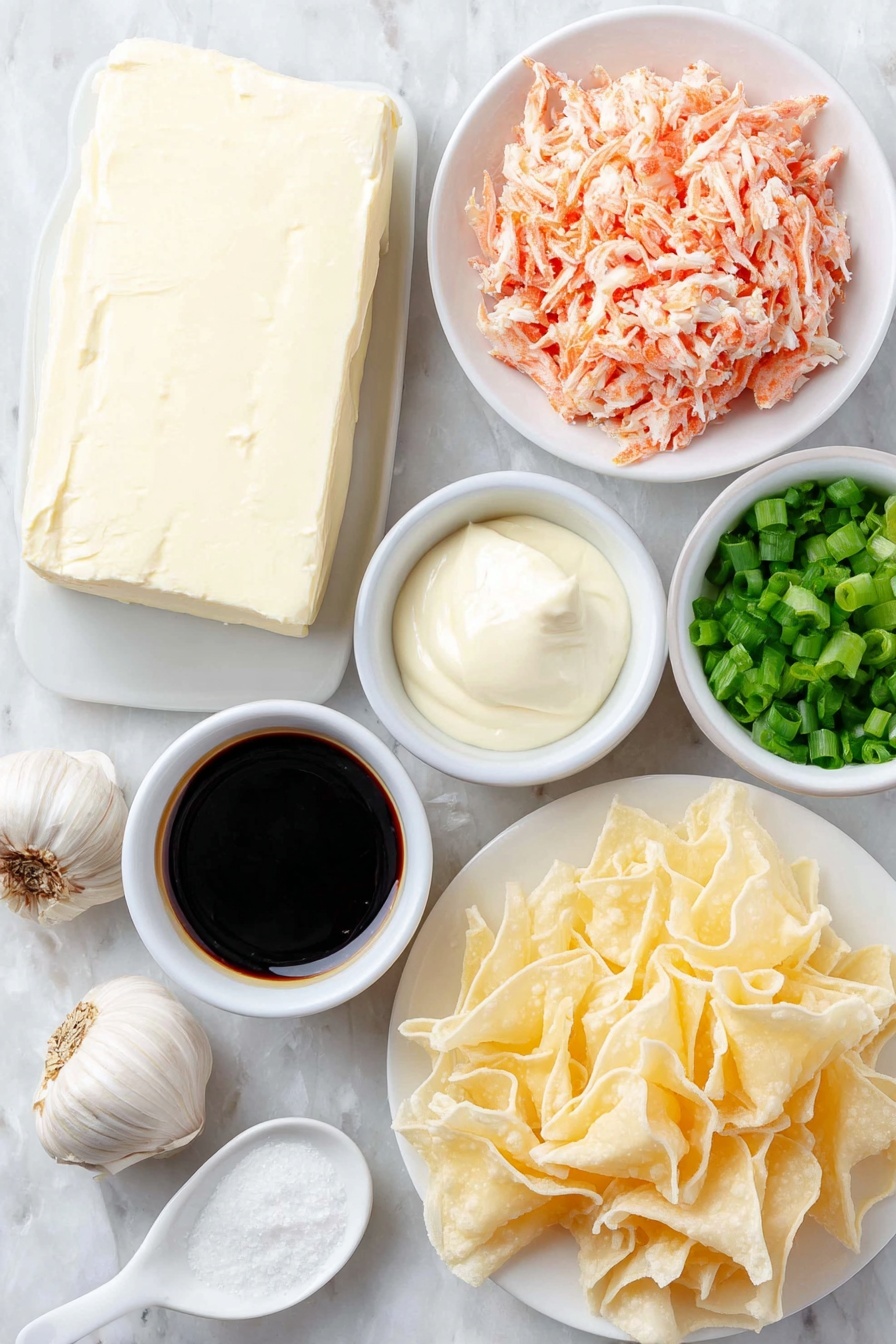 Crab Rangoon Dip with Crispy Wonton Chips, Crab Rangoon Dip, Wonton Chip Appetizer, Easy Crab Dip Recipe, Party Crab Dip - Flat lay of fresh cream cheese block, a small white bowl of creamy mayonnaise, a small white bowl of thick sour cream, a small white bowl of dark low-sodium soy sauce, three whole cloves of fresh garlic, one white ceramic spoon-shaped dish with granulated white sugar, shredded imitation crab meat arranged neatly, a small pile of freshly shredded Monterey Jack cheese, a small white bowl of sliced green onions, and a stack of fresh wonton wrappers cut diagonally into triangles, all placed symmetrically on simple white ceramic plates and bowls, placed on a clean white marble surface, soft natural light, photo taken with an iPhone, professional food photography style, fresh ingredients, white ceramic bowls, no bottles, no duplicates, no utensils, no packaging --ar 2:3 --v 7 --p m7354615311229779997