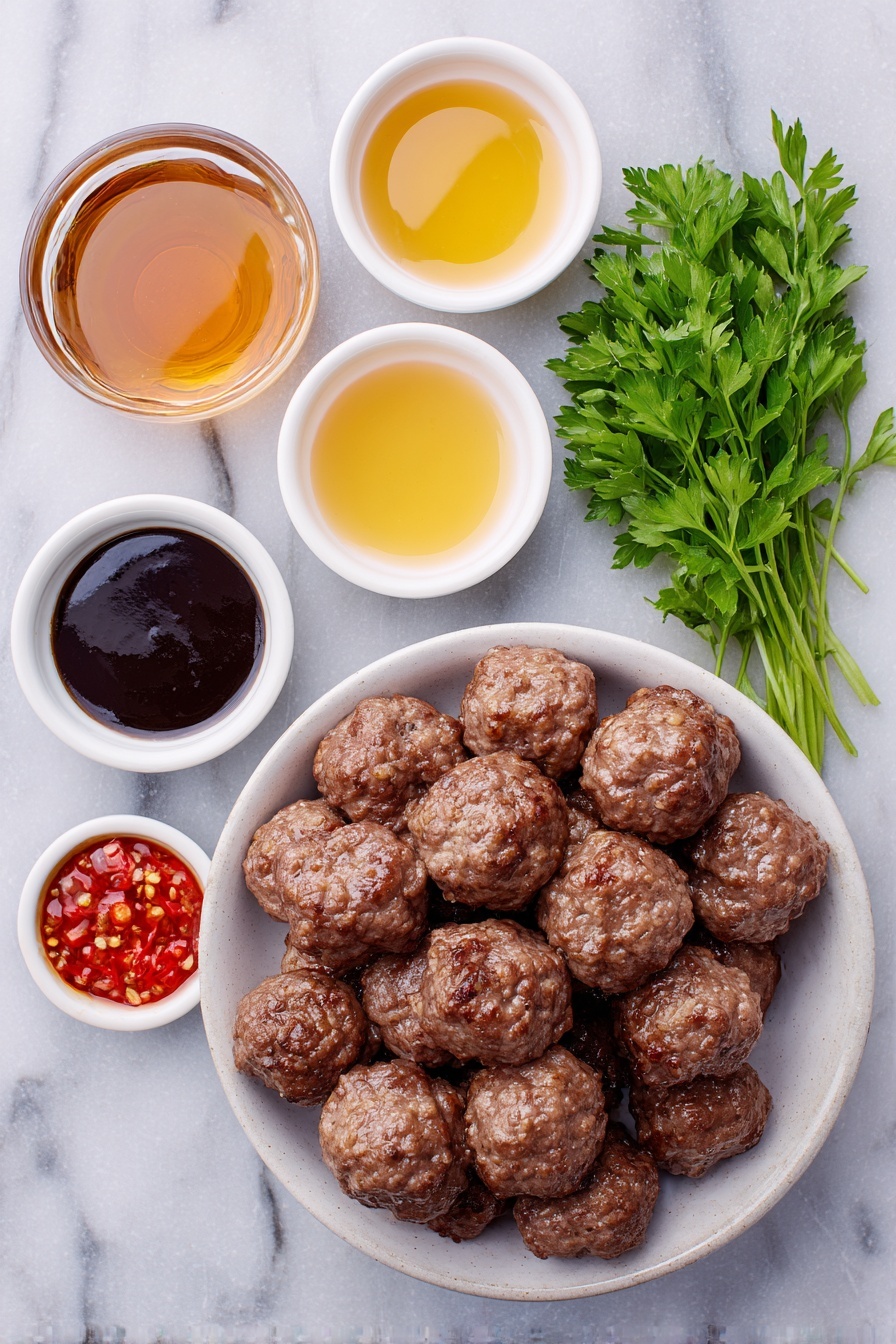 Bourbon Slow Cooker Meatballs, bourbon meatballs, slow cooker meatballs, easy bourbon meatballs, flavorful meatball recipe - Flat lay of a small white ceramic bowl of glossy hickory and brown sugar barbecue sauce, a small white ceramic bowl of amber bourbon, a small white ceramic bowl of golden honey, a small white ceramic bowl of dark molasses, a small white ceramic bowl of bright red sweet chili sauce, a small white ceramic bowl of deep brown Worcestershire sauce, a pile of fully cooked, browned meatballs arranged neatly, and a few sprigs of fresh, bright green chopped parsley on a simple white ceramic dish, placed on a clean white marble surface, soft natural light, photo taken with an iPhone, professional food photography style, fresh ingredients, white ceramic bowls, no bottles, no duplicates, no utensils, no packaging --ar 2:3 --v 7 --p m7354615311229779997