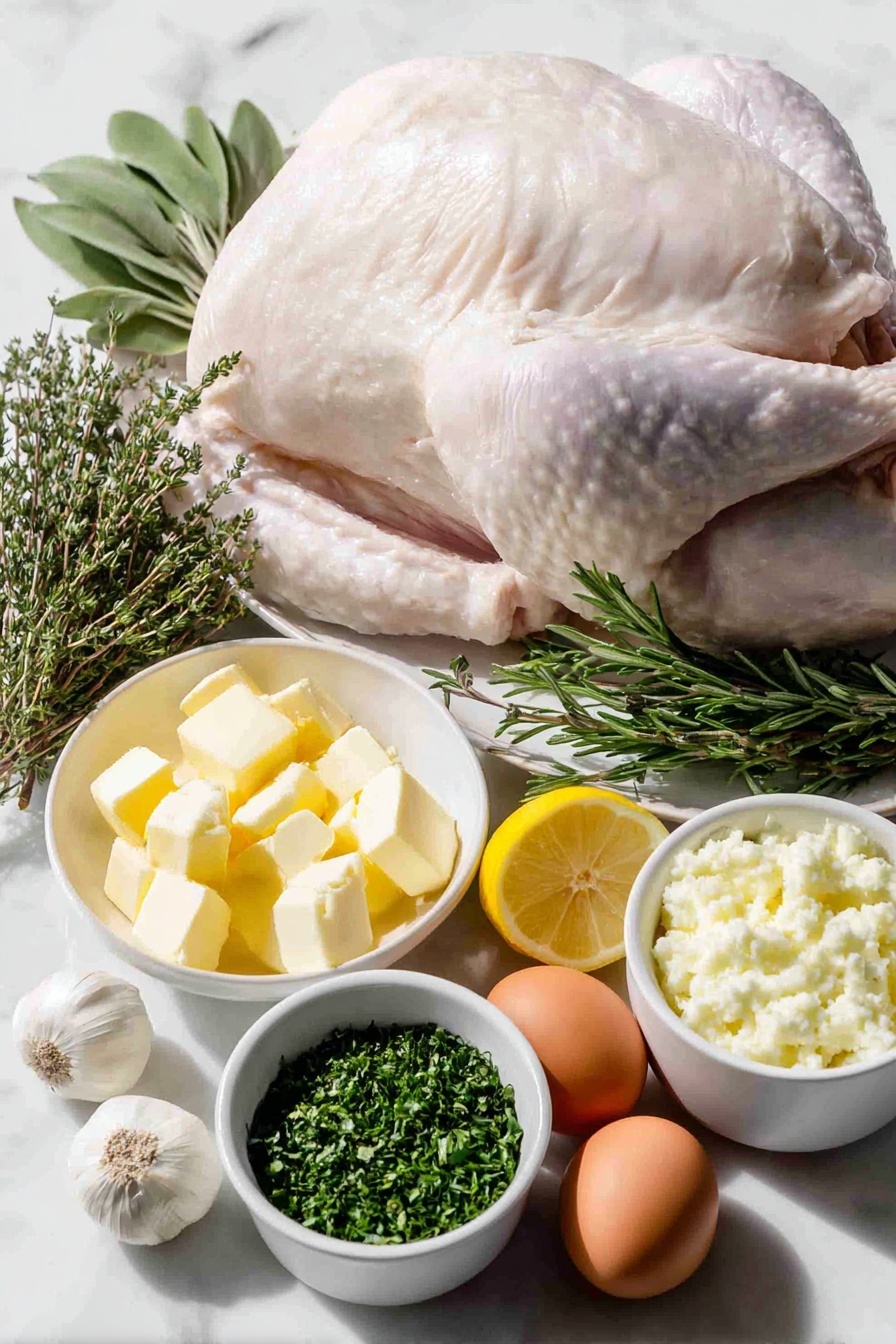 Herb Butter Roast Turkey, Herb Butter Turkey, Roast Turkey with Herbs, Juicy Roast Turkey, Crispy Skin Turkey - Flat lay of a whole raw turkey with pale pink skin and plump shape, a small white ceramic bowl of softened pale yellow unsalted butter, a small white bowl with fresh chopped green sage leaves, a small white bowl with fresh chopped green thyme leaves, a small white bowl with fresh chopped rosemary needles, four whole peeled garlic cloves arranged beside a small white bowl of minced garlic, a halved bright yellow lemon, a few sprigs each of fresh sage, thyme, and rosemary with vibrant green leaves, a few whole uncracked brown garlic cloves, and two whole uncracked brown eggs placed symmetrically around, all neatly arranged on a simple white ceramic plate and bowls, placed on a clean white marble surface, soft natural light, photo taken with an iPhone, professional food photography style, fresh ingredients, white ceramic bowls, no bottles, no duplicates, no utensils, no packaging --ar 2:3 --v 7 --p m7354615311229779997