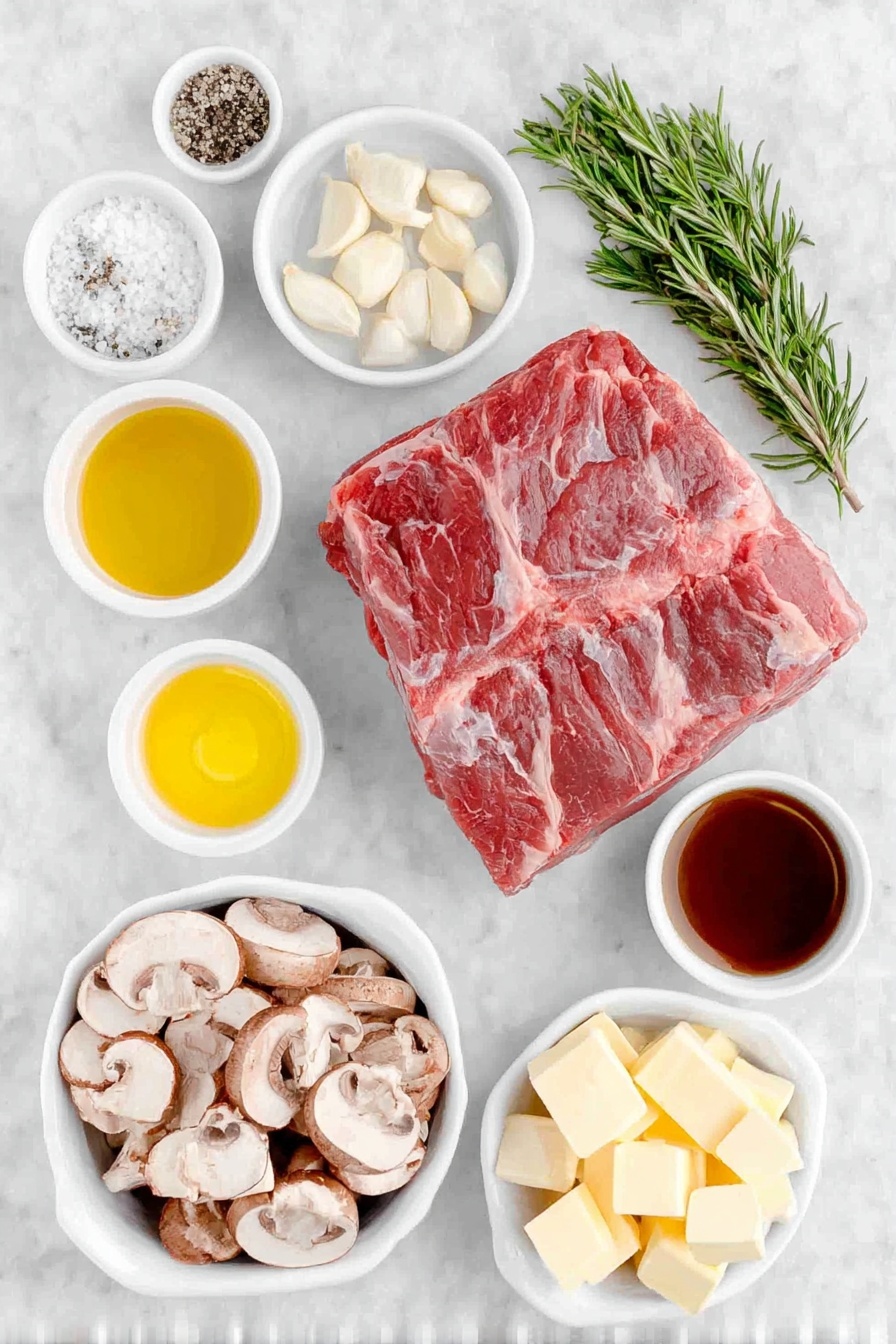 Herb-Garlic Roast Beef with Mushroom Sauce, roasted beef with mushroom sauce, garlic herb roast beef, flavorful roast beef recipe, elegant Sunday dinner ideas - Flat lay of a large raw boneless rib eye roast with a rich marbled texture, a small white ceramic bowl filled with chopped fresh rosemary sprigs, a small white ceramic bowl containing peeled garlic cloves, a small white ceramic bowl with coarse sea salt, a small white ceramic bowl of freshly ground black pepper, two small white ceramic bowls each holding golden olive oil and clear vegetable oil, a small white ceramic bowl with creamy unsalted butter cubes, a simple white ceramic shallow bowl heaped with an assortment of fresh, sliced mushrooms, and a small white ceramic bowl filled with rich brown beef stock, all carefully arranged in perfect symmetry on a clean white marble surface, soft natural light, photo taken with an iPhone, professional food photography style, fresh ingredients, white ceramic bowls, no bottles, no duplicates, no utensils, no packaging --ar 2:3 --v 7 --p m7354615311229779997