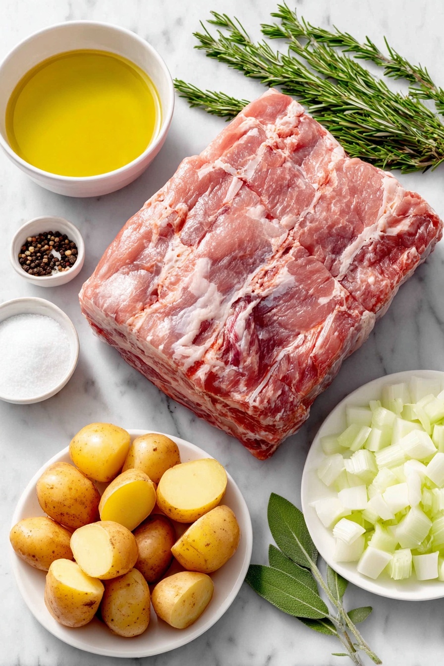 Slow Cooker Pork Roast with Vegetables, easy pork roast recipe, hearty slow cooker meals, tender pork shoulder recipe, weekend comfort food - Flat lay of a large raw pork shoulder roast with a natural pink hue and marbling, a small white ceramic bowl of golden avocado oil, a peeled large white onion diced into neat half-inch cubes on a simple white plate, four whole uncracked brown garlic cloves, a small white ceramic bowl filled with clear low sodium chicken broth, a mound of coarse sea salt crystals on a white ceramic dish, freshly ground black peppercorns in a small white bowl, four large Yukon gold potatoes cut into 3-inch pieces arranged on a round white plate, eight fresh vibrant orange carrots sliced into 3-inch lengths on a simple white ceramic plate, and six fresh herb sprigs including rosemary, sage, and thyme laid out symmetrically — all ingredients looking fresh and natural, placed on a clean white marble surface, soft natural light, photo taken with an iPhone, professional food photography style, fresh ingredients, white ceramic bowls, no bottles, no duplicates, no utensils, no packaging --ar 2:3 --v 7 --p m7354615311229779997