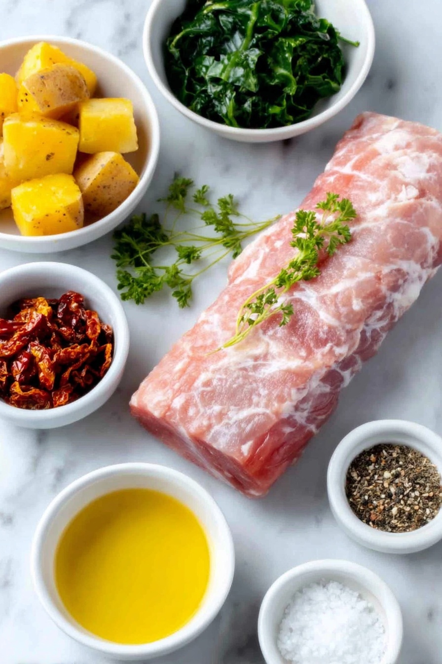 Stuffed Pork Tenderloin with Sun-Dried Tomatoes, stuffed pork tenderloin, sun-dried tomato pork, elegant pork dinner, easy stuffed pork recipe - Flat lay of a whole raw pork tenderloin with a smooth pink surface, a few sprigs of fresh green parsley, a small pile of bright red sliced sun-dried tomatoes, a small white bowl filled with dark green thawed spinach, a small white bowl of shredded white mozzarella cheese, a small white bowl of golden olive oil, a white ceramic bowl holding small sliced fresh potatoes with skins on, a small white bowl of coarse salt crystals, a small white bowl of cracked black peppercorns, and a white ceramic bowl with Italian seasoning blend of dried herbs placed neatly, all arranged with perfect symmetry and realistic proportions, placed on a clean white marble surface, soft natural light, photo taken with an iPhone, professional food photography style, fresh ingredients, white ceramic bowls, no bottles, no duplicates, no utensils, no packaging --ar 2:3 --v 7 --p m7354615311229779997