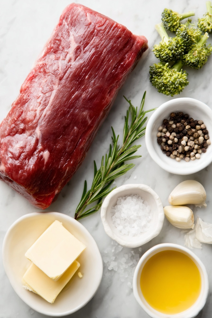 Garlic Rosemary Beef Tenderloin Roast, beef tenderloin roast, herb-crusted beef, elegant beef dinner, easy holiday beef - Flat lay of a whole raw beef tenderloin roast with a deep red color and smooth texture, a small mound of coarse sea salt crystals, a few loose black peppercorns, four plump garlic cloves with pale papery skins, a small bunch of fresh rosemary sprigs with needle-like green leaves, a small white ceramic bowl with soft pale yellow salted butter, a small white ceramic bowl containing smooth pale yellow Dijon mustard, and a few bright green broccoli florets with tight buds, all arranged neatly with perfect symmetry and balanced proportions on a clean white marble surface, soft natural light, photo taken with an iPhone, professional food photography style, fresh ingredients, white ceramic bowls, no bottles, no duplicates, no utensils, no packaging --ar 2:3 --v 7 --p m7354615311229779997