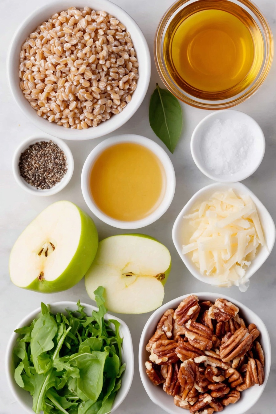 Ultimate Farro Salad with Apple and Arugula, healthy farro salad, apple arugula salad recipe, hearty grain salad with fruit, quick nutritious salad - Flat lay of whole-grain farro grains in a small white ceramic bowl, fresh green bay leaf, a handful of coarse kosher salt crystals spilled beside the bowl, a large shallot sliced thinly laid neatly in a white ceramic dish, extra-virgin olive oil in a small white bowl with a golden-green hue, apple cider vinegar in a small white bowl with a pale amber color, a dollop of smooth Dijon mustard in a small white bowl, a spoonful of honey in a small white bowl glistening richly, fresh cracked black peppercorns scattered near the bowls, a bright green apple chopped into crisp pieces on a simple white plate, a small mound of vibrant green arugula leaves, thin shavings of pale yellow Parmesan cheese arranged gracefully on white ceramic, coarsely chopped toasted pecans showing a rich brown tone on a white dish, finely chopped fresh basil leaves bright green and fresh on a small white dish, finely chopped fresh parsley vibrant and vivid green in another white bowl, all ingredients arranged symmetrically in perfect balance, placed on a clean white marble surface, soft natural light, photo taken with an iPhone, professional food photography style, fresh ingredients, white ceramic bowls, no bottles, no duplicates, no utensils, no packaging --ar 2:3 --v 7 --p m7354615311229779997