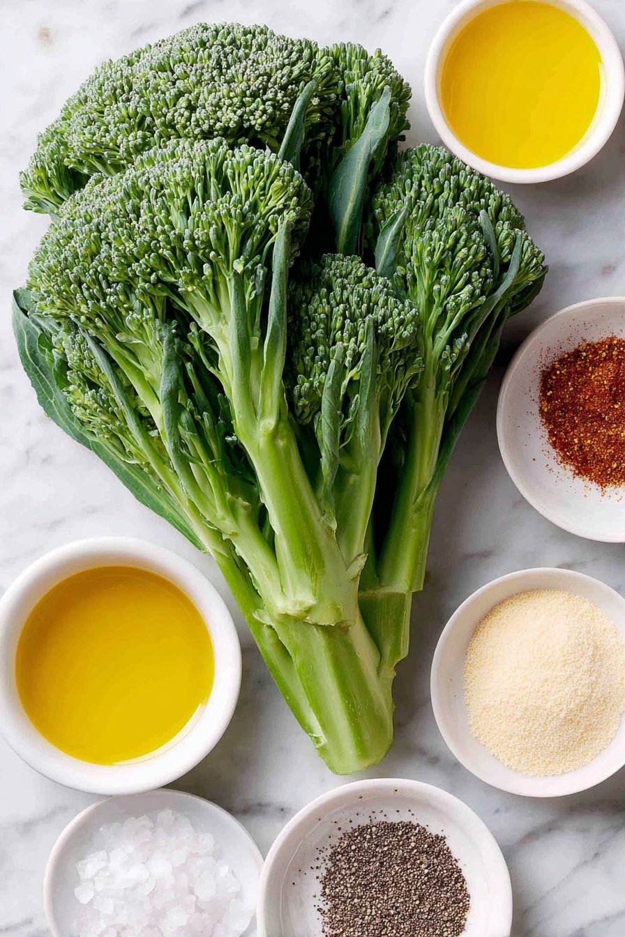 Oven Roasted Broccoli with Spices, roasted broccoli side dish, spicy broccoli recipe, garlic paprika broccoli, healthy roasted vegetable - Flat lay of fresh broccoli florets with deep green crowns and firm stalks, a small white ceramic bowl filled with golden olive oil, a small white bowl containing bright red paprika powder, another white bowl with fine white sea salt crystals, a small white bowl of pale beige garlic powder, and a small white bowl with coarsely ground black pepper, arranged in perfect symmetry on a clean white marble surface, soft natural light, photo taken with an iPhone, professional food photography style, fresh ingredients, white ceramic bowls, no bottles, no duplicates, no utensils, no packaging --ar 2:3 --v 7 --p m7354615311229779997