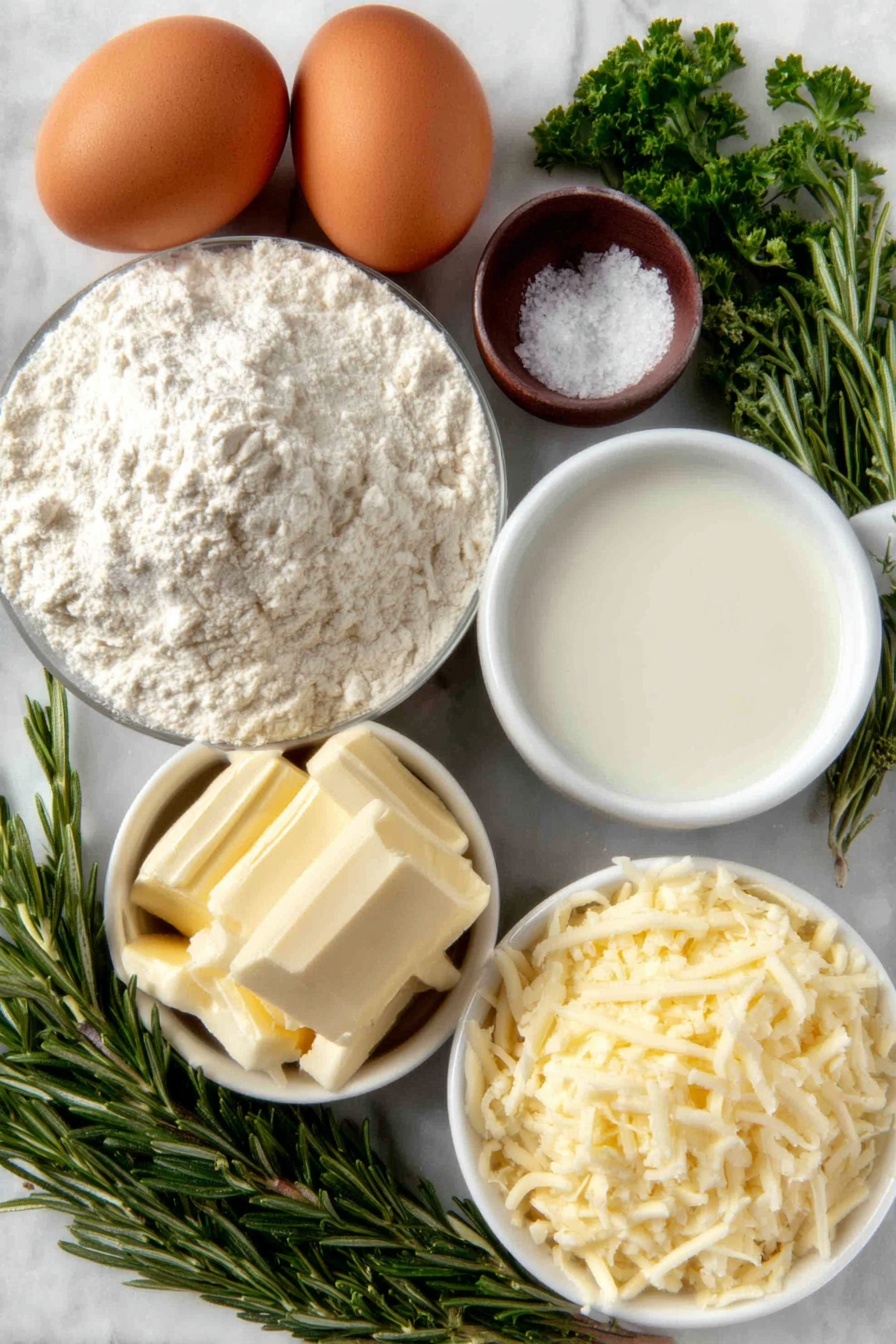 Rosemary Garlic Pull Apart Bread, easy garlic herb bread, cheesy pull apart bread, homemade savory bread, aromatic herb bread - Flat lay of two whole uncracked brown eggs, a small mound of all-purpose flour, a small white ceramic bowl of warm whole milk, a small white ceramic bowl with softened unsalted butter, a small white ceramic bowl with extra soft unsalted butter, a few sprigs of fresh rosemary, a few sprigs of fresh parsley, two fresh garlic cloves, a small white ceramic bowl of granulated sugar, a small white ceramic bowl of salt, a small white ceramic bowl of garlic powder, a small white ceramic bowl of shredded parmesan cheese, placed on a clean white marble surface, soft natural light, photo taken with an iPhone, professional food photography style, fresh ingredients, white ceramic bowls, no bottles, no duplicates, no utensils, no packaging --ar 2:3 --v 7 --p m7354615311229779997