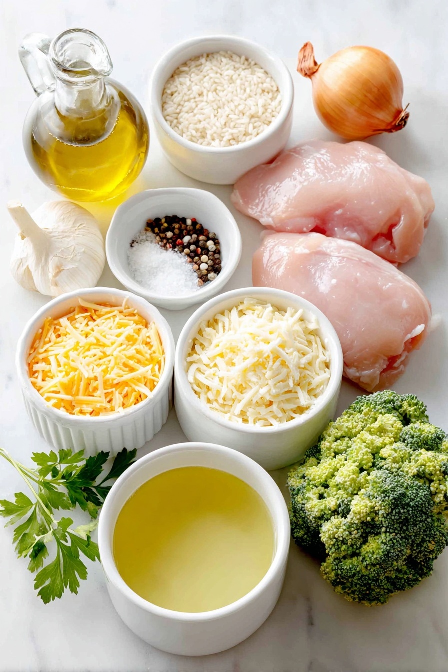 Cheesy Chicken Broccoli Rice Casserole, chicken broccoli rice bake, cheesy chicken casserole, easy chicken and rice dinner, hearty broccoli casserole - Flat lay of a small white ceramic bowl of olive oil, a whole small onion with papery skin, two raw chicken breasts, a small white ceramic bowl of coarse salt, a small white ceramic bowl of black peppercorns, four whole garlic cloves, a small white ceramic bowl of uncooked long grain rice, a small white ceramic bowl of creamy chicken soup, a small white ceramic bowl of chicken broth, a mound of fresh broccoli florets, a small pile of shredded cheddar cheese, and a few sprigs of fresh parsley placed on a clean white marble surface, soft natural light, photo taken with an iPhone, professional food photography style, fresh ingredients, white ceramic bowls, no bottles, no duplicates, no utensils, no packaging --ar 2:3 --v 7 --p m7354615311229779997