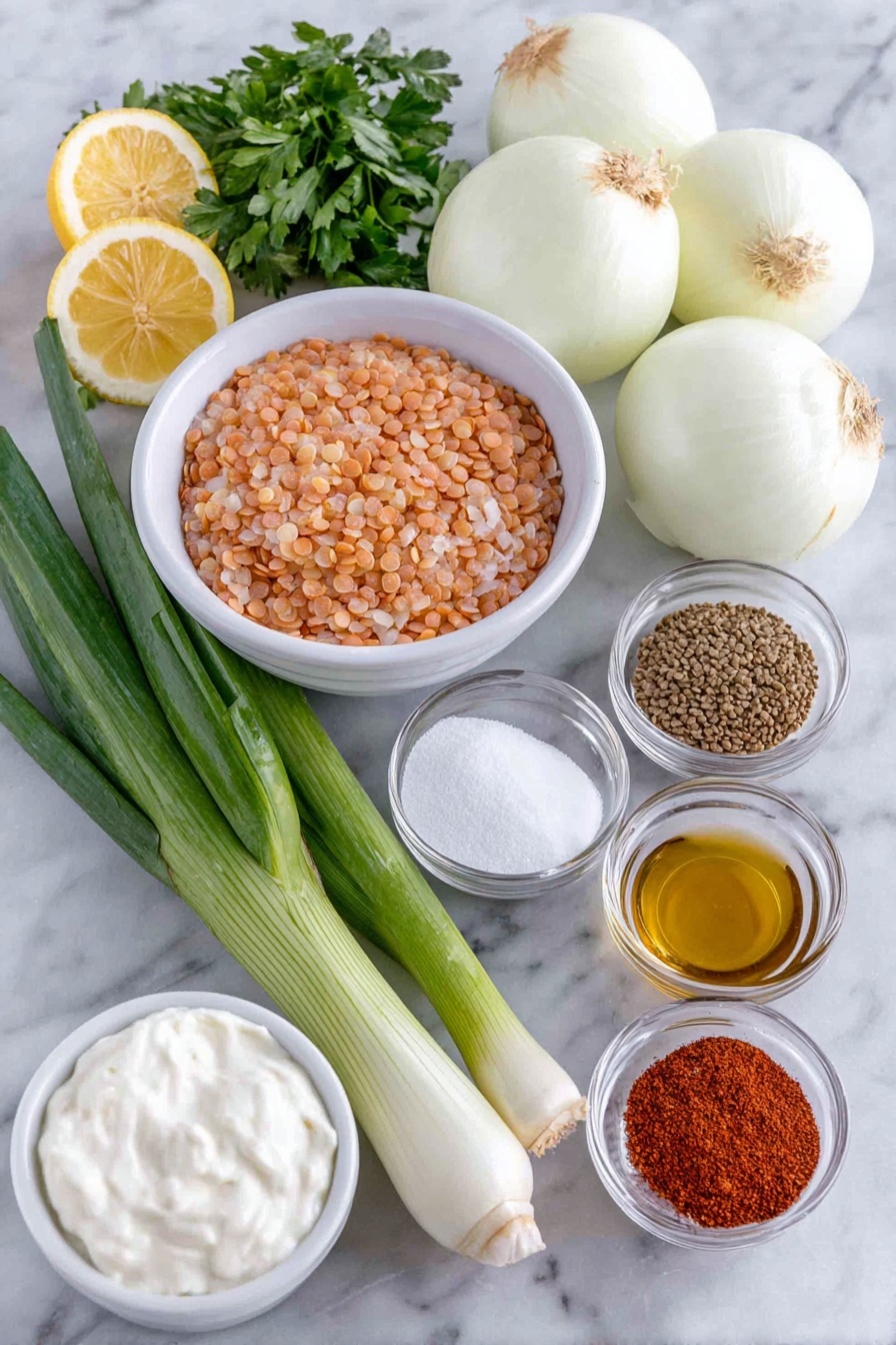 Mujadara Lentils and Rice, Middle Eastern Lentils and Rice, Vegetarian Mujadara, Easy Lentil and Rice Dish, Comforting Plant-Based Meal - Flat lay of four large white onions sliced thinly, a small white ceramic bowl with a golden tablespoon of olive oil, a small white ceramic bowl with white granulated sugar, a small white ceramic bowl of salt crystals, a small white ceramic bowl with clear water, a small white ceramic bowl with amber apple cider vinegar, one cup of green dried lentils, a half cup of uncooked basmati rice with long slender grains, four fresh green scallions chopped with some green tops reserved, two whole uncracked white garlic cloves, small piles of bright red paprika powder, warm brown coriander powder, light brown cumin powder, reddish-brown cinnamon powder, golden yellow turmeric powder, tiny pile of red pepper flakes, fresh flat-leaf parsley sprigs chopped, fresh bright green cilantro leaves chopped, four bright yellow lemon wedges arranged symmetrically, and a small white ceramic bowl filled with creamy plain Greek yogurt placed on a clean white marble surface, soft natural light, photo taken with an iPhone, professional food photography style, fresh ingredients, white ceramic bowls, no bottles, no duplicates, no utensils, no packaging --ar 2:3 --v 7 --p m7354615311229779997