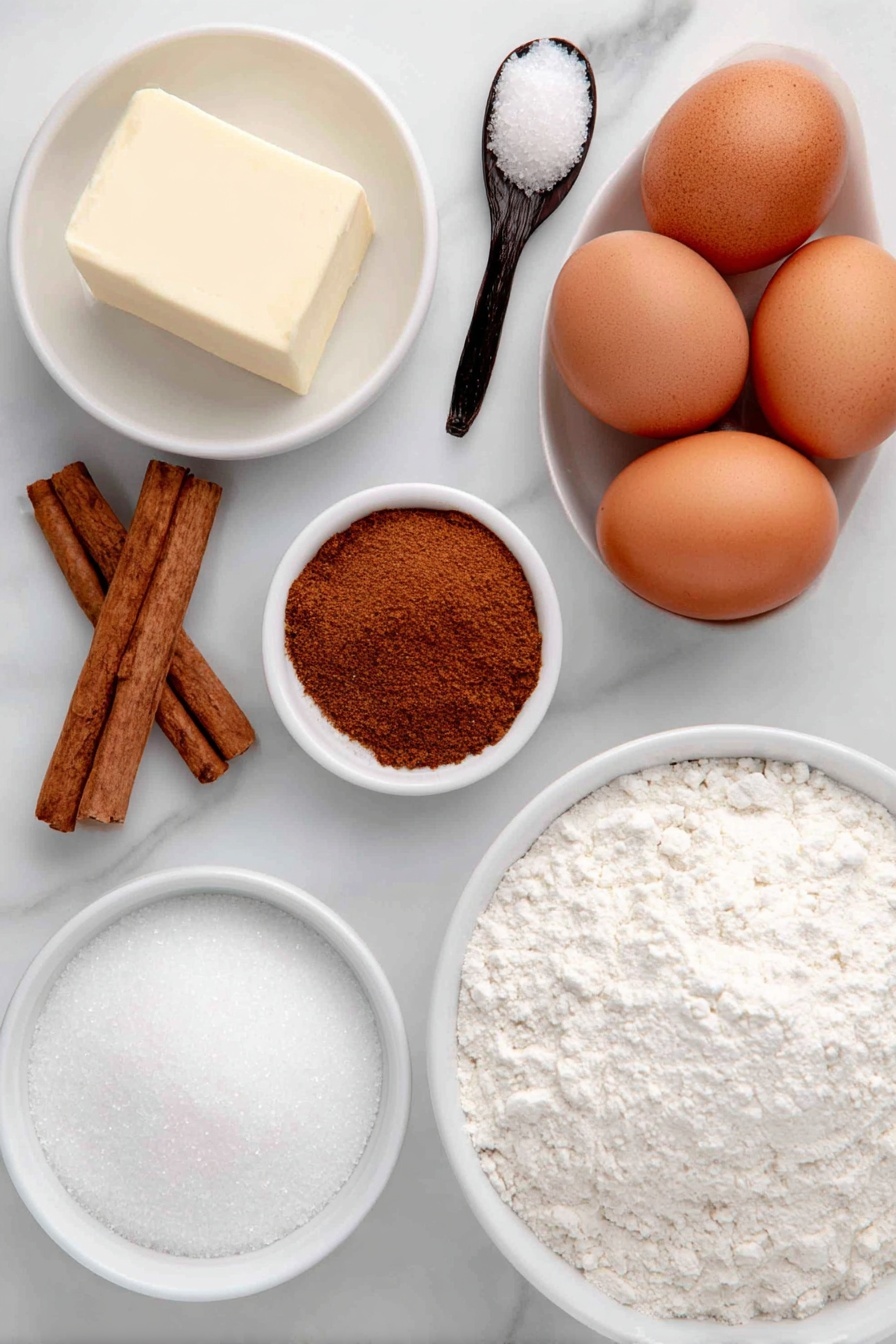 Cinnamon Vanilla Biscotti, best biscotti recipe, crunchy biscotti with cinnamon, homemade vanilla biscotti, coffee pairing biscotti - Flat lay of a small pat of unsalted butter, a small mound of granulated sugar, a few whole brown eggs with clean shells, a small handful of all purpose flour, a pinch of salt scattered next to a teaspoon of baking powder, a small heap of ground cinnamon with a dash separately nearby, a few vanilla beans cut open revealing seeds, a small white ceramic bowl filled with powdered sugar, a small white ceramic bowl of hot water, all arranged in perfect symmetry on a clean white marble surface, soft natural light, photo taken with an iPhone, professional food photography style, fresh ingredients, white ceramic bowls, no bottles, no duplicates, no utensils, no packaging --ar 2:3 --v 7 --p m7354615311229779997