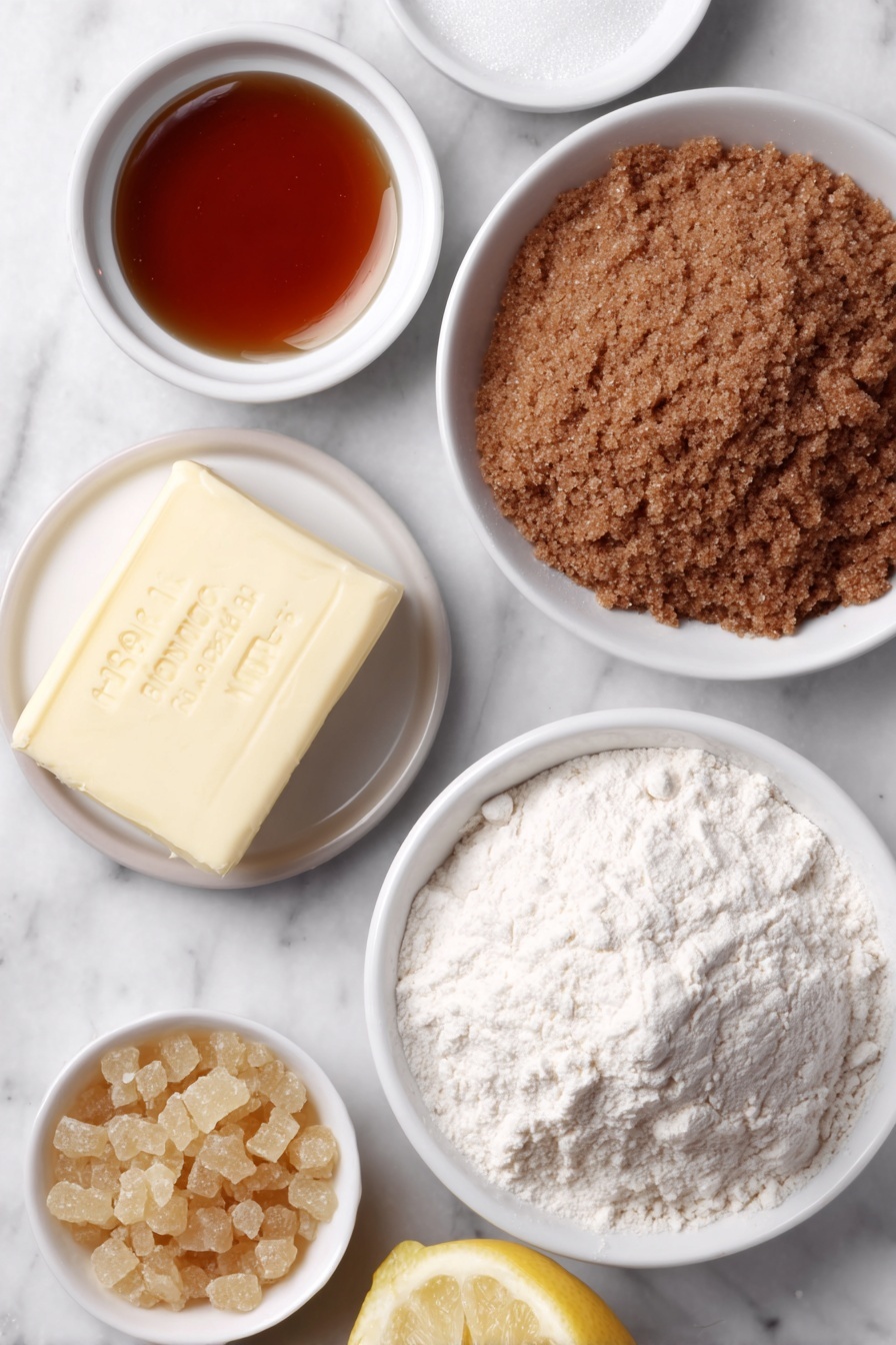 Brandy Snaps, easy Brandy Snaps, homemade Brandy Snaps, holiday Brandy Snaps, crispy Brandy Snaps - Flat lay of a small square of fresh golden butter, a small white ceramic bowl filled with golden caster sugar crystals, another small white bowl with rich amber golden syrup, a small white bowl containing clear brandy, a neat pile of plain all-purpose flour on a simple white ceramic plate, a heap of warm brown ground ginger on a white ceramic dish, and a pristine half lemon with bright yellow zest visible placed beside it, all arranged symmetrically and balanced, placed on a clean white marble surface, soft natural light, photo taken with an iPhone, professional food photography style, fresh ingredients, white ceramic bowls, no bottles, no duplicates, no utensils, no packaging --ar 2:3 --v 7 --p m7354615311229779997