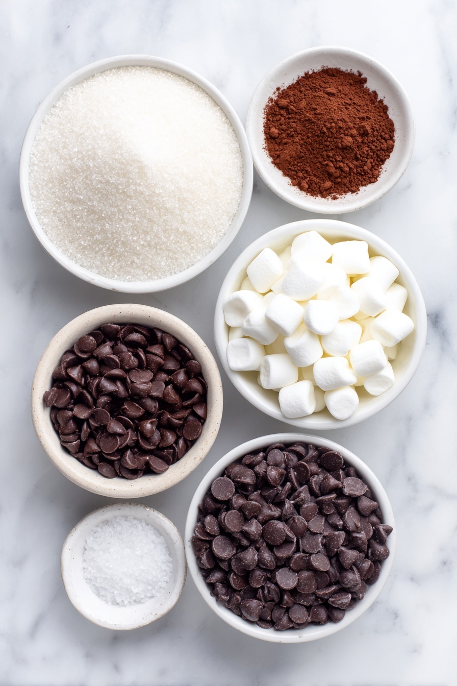 Hot Chocolate Bombs with Cocoa Powder, homemade hot chocolate bombs, chocolate spheres for hot cocoa, easy hot chocolate bombs, festive hot chocolate gifts - Flat lay of a small heap of granulated sugar, a small mound of rich cocoa powder, a tiny pinch of kosher salt on the side, a white ceramic bowl filled with glossy semi-sweet chocolate chips, a small white bowl containing fine chocolate milk powder, a small white bowl with miniature white marshmallows, all arranged with perfect symmetry and balanced proportions on a clean white marble surface, soft natural light, photo taken with an iPhone, professional food photography style, fresh ingredients, white ceramic bowls, no bottles, no duplicates, no utensils, no packaging --ar 2:3 --v 7 --p m7354615311229779997